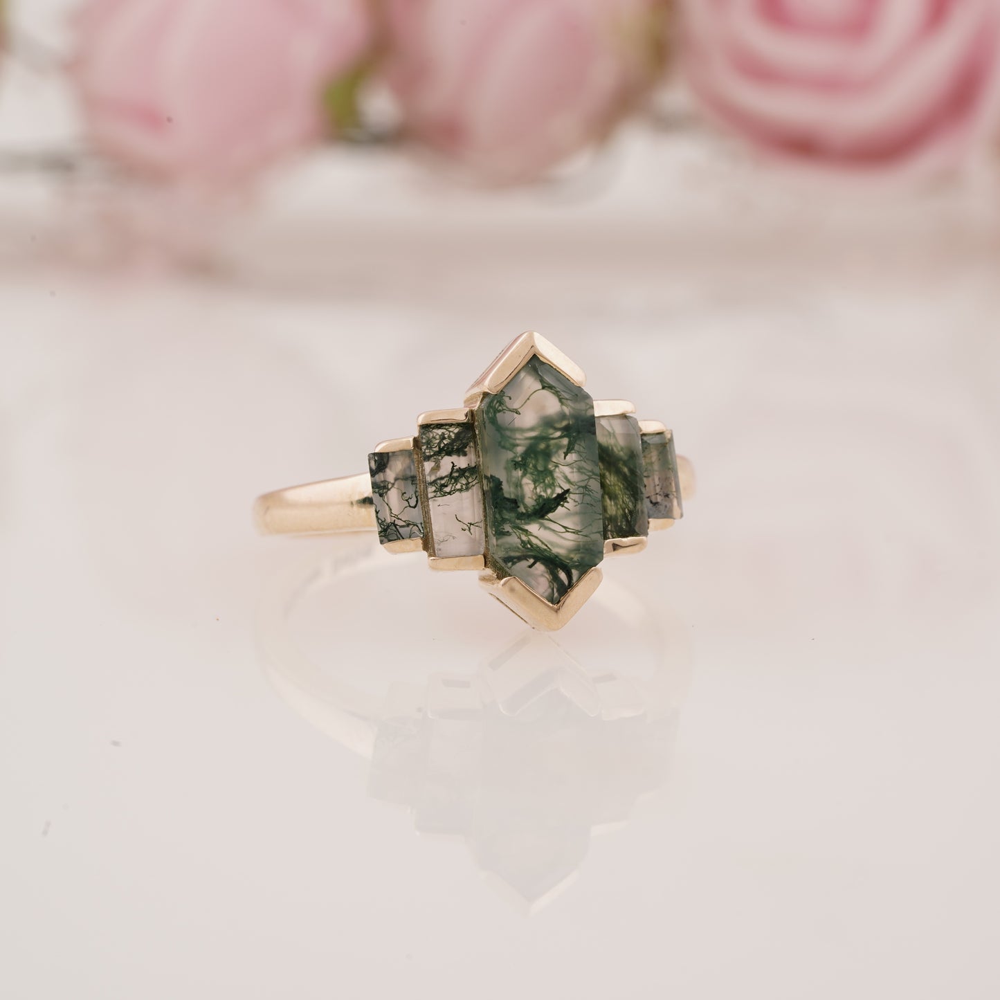 Long Hexagon Cut Onyx and Side Baguette Moissanite Five Stone Engagement Ring