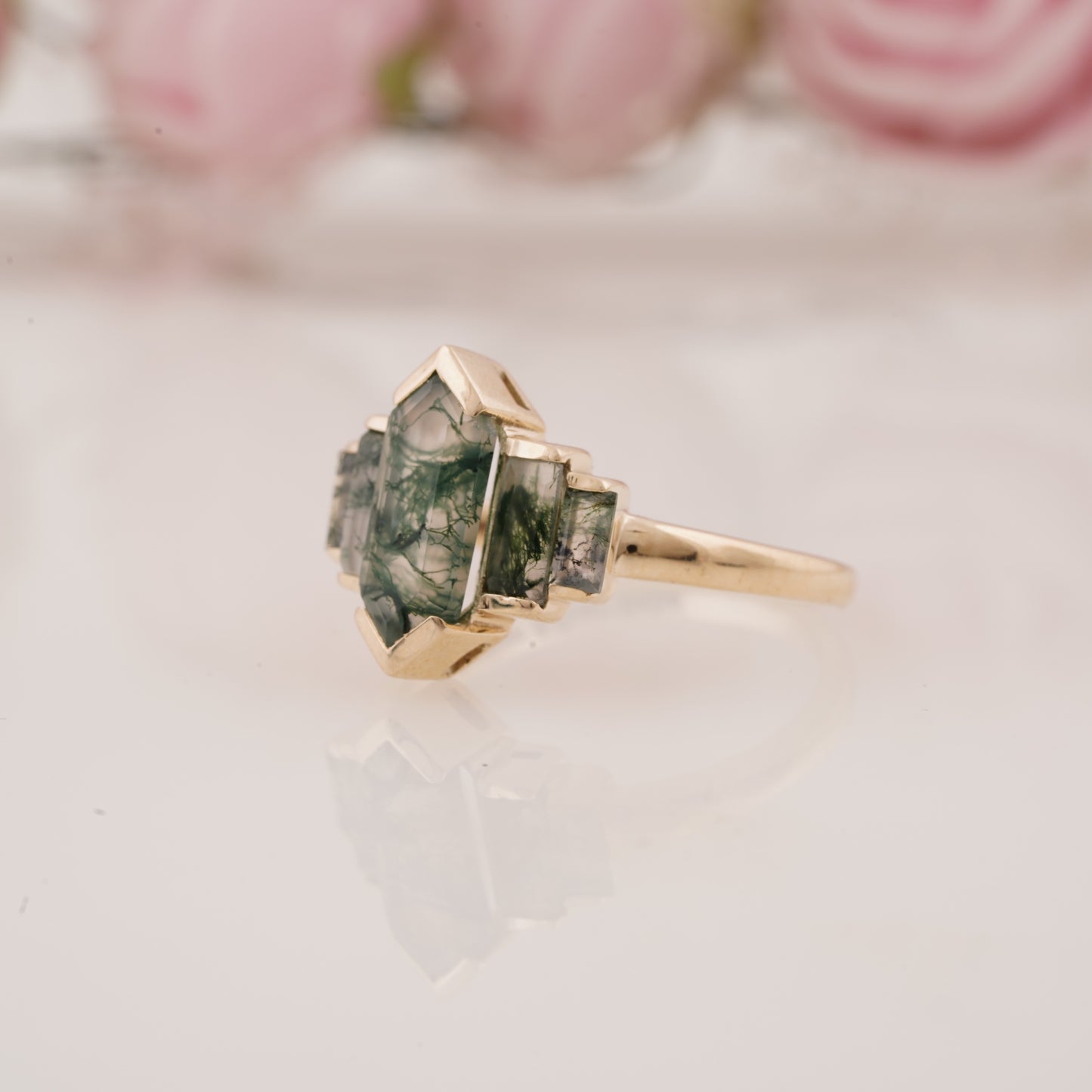Long Hexagon Cut Onyx and Side Baguette Moissanite Five Stone Engagement Ring