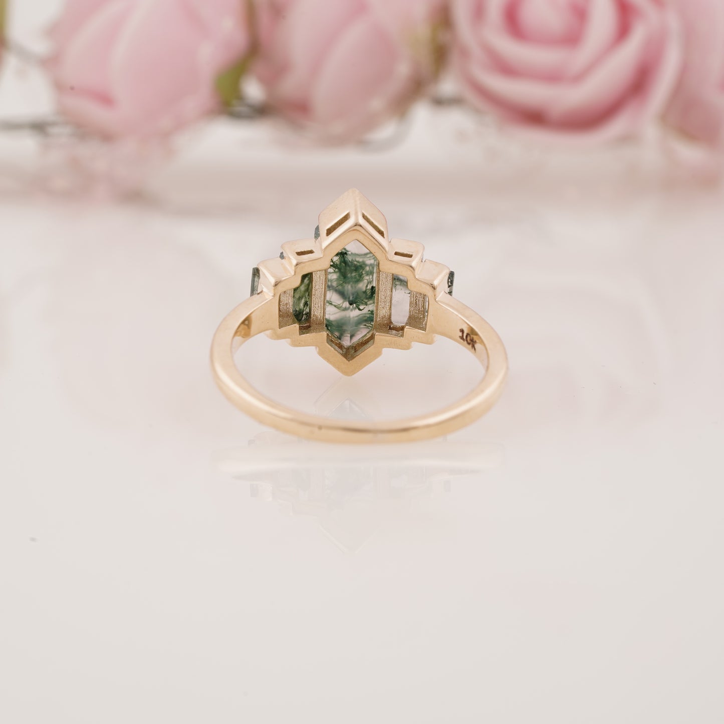 Long Hexagon Cut Onyx and Side Baguette Moissanite Five Stone Engagement Ring