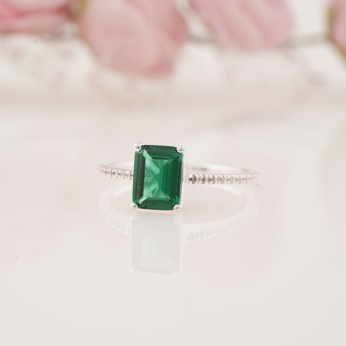 Pave Style Emerald Ring with Round Moissanite Enhancer Band Engagement Ring Set