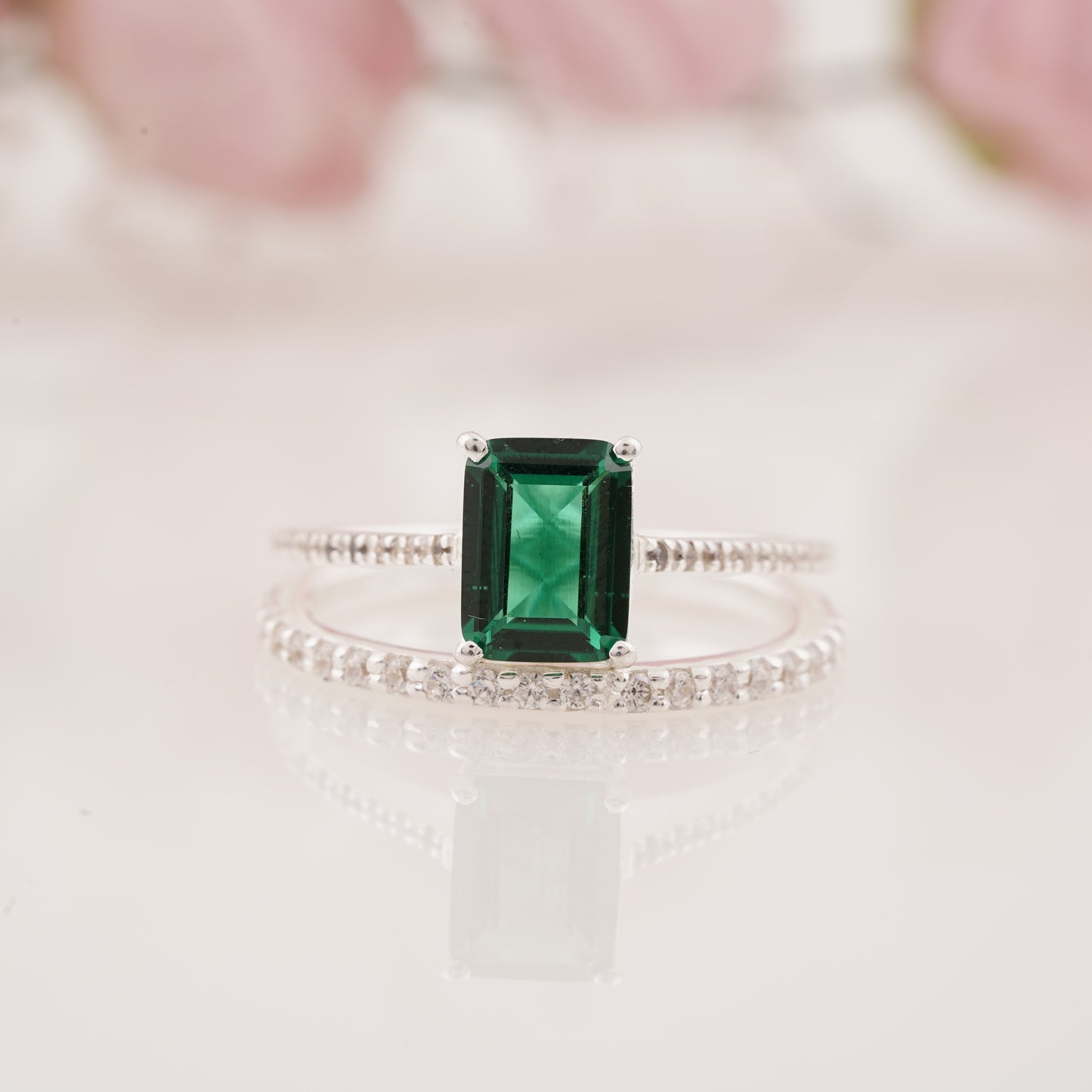 Pave Style Emerald Ring with Round Moissanite Enhancer Band Engagement Ring Set