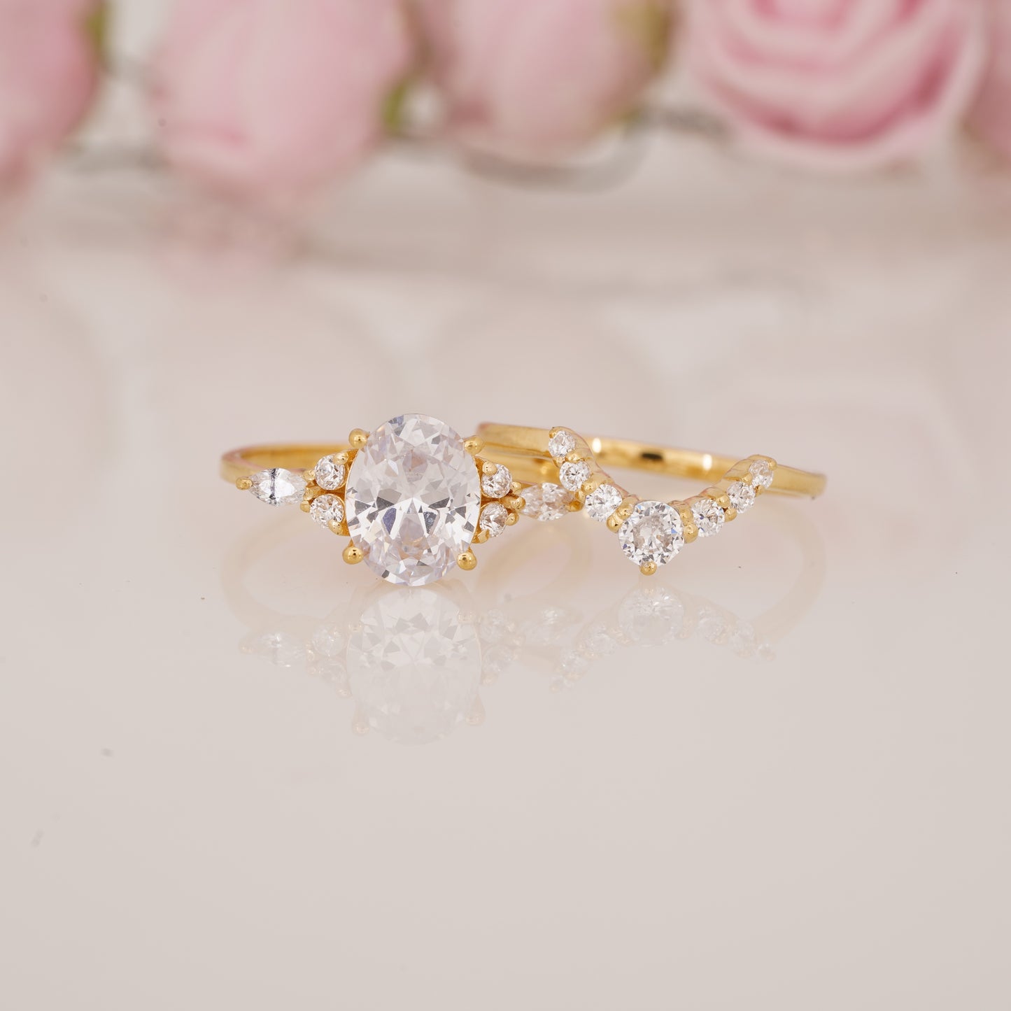 Oval Moissanite Cluster Ring with Round Moissanite Curved Band Engagement Ring Set