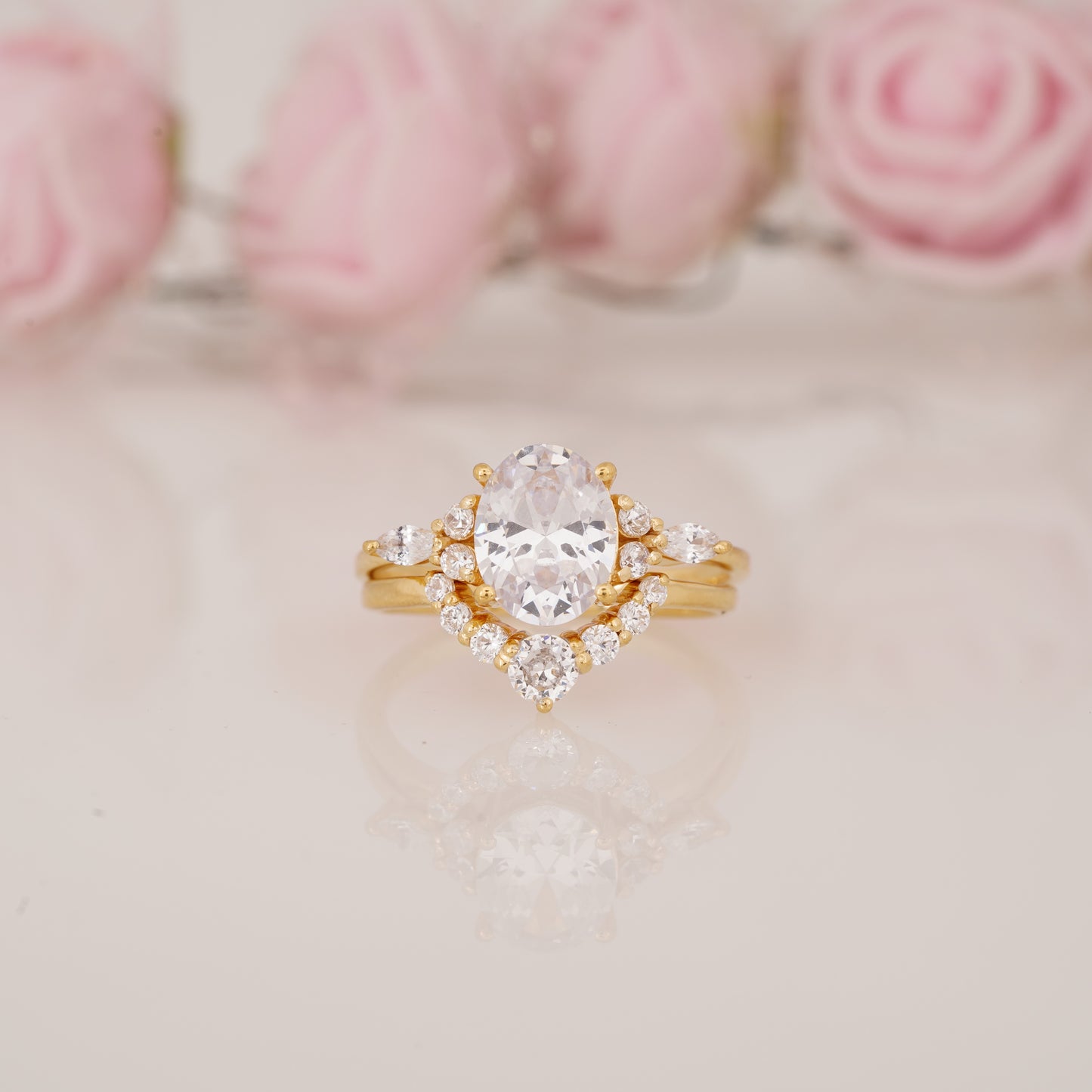 Oval Moissanite Cluster Ring with Round Moissanite Curved Band Engagement Ring Set