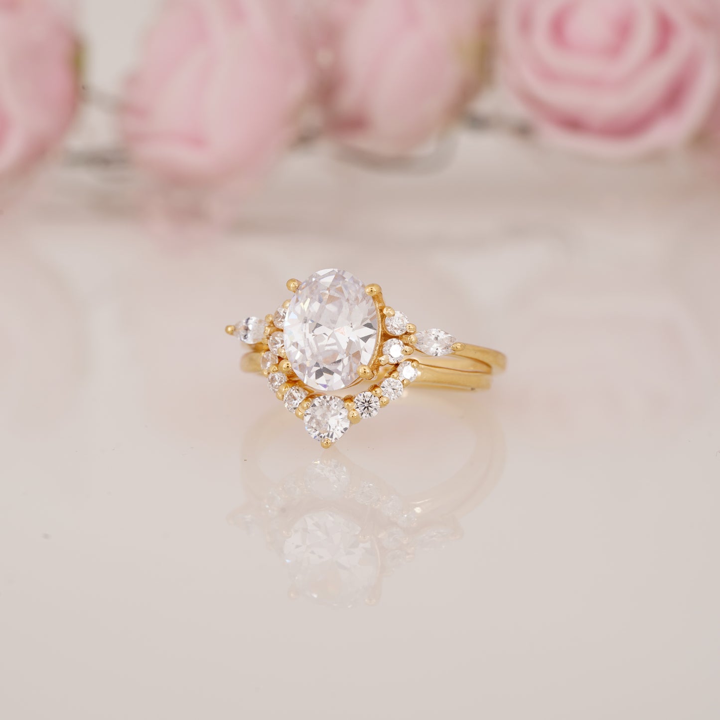 Oval Moissanite Cluster Ring with Round Moissanite Curved Band Engagement Ring Set