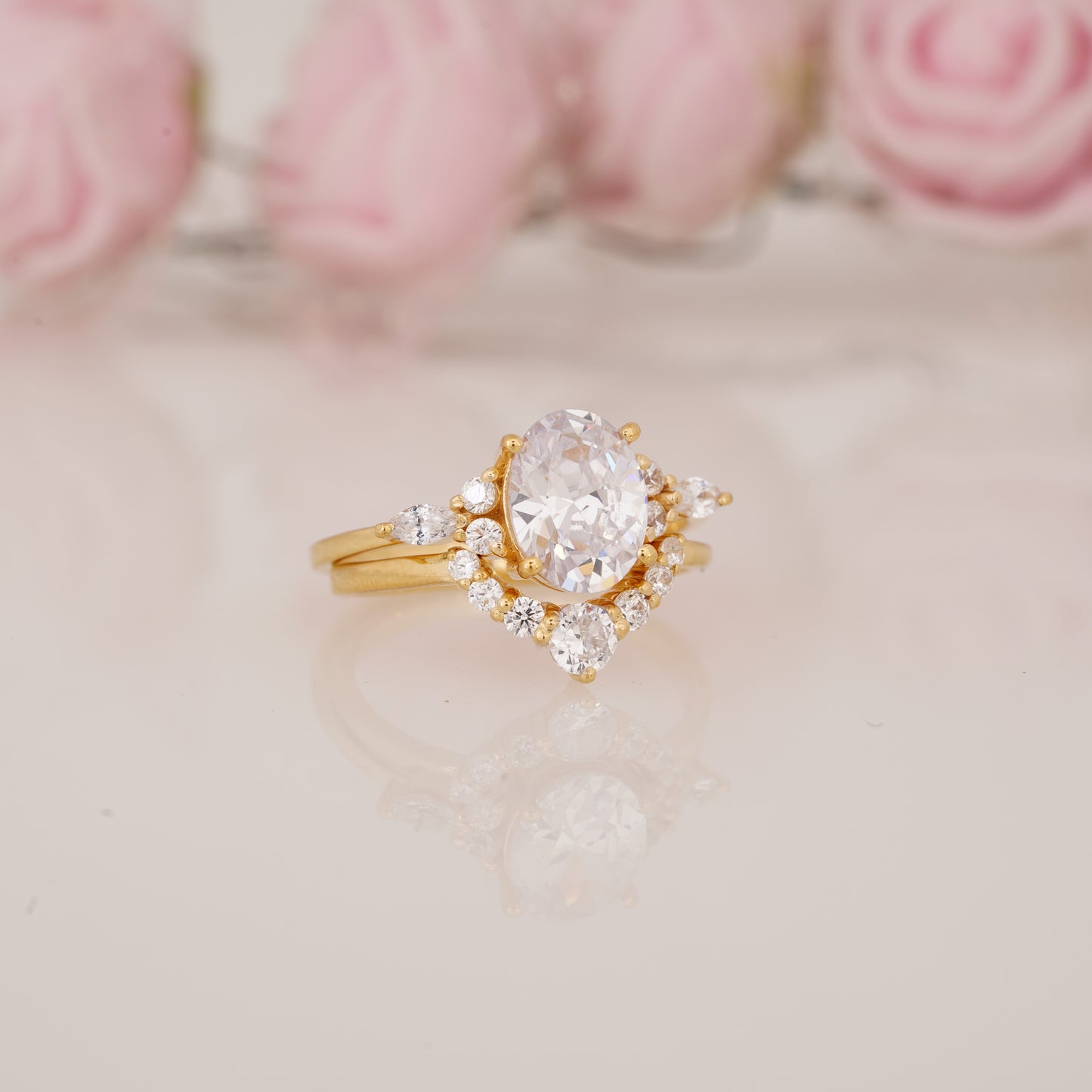 Oval Moissanite Cluster Ring with Round Moissanite Curved Band Engagement Ring Set