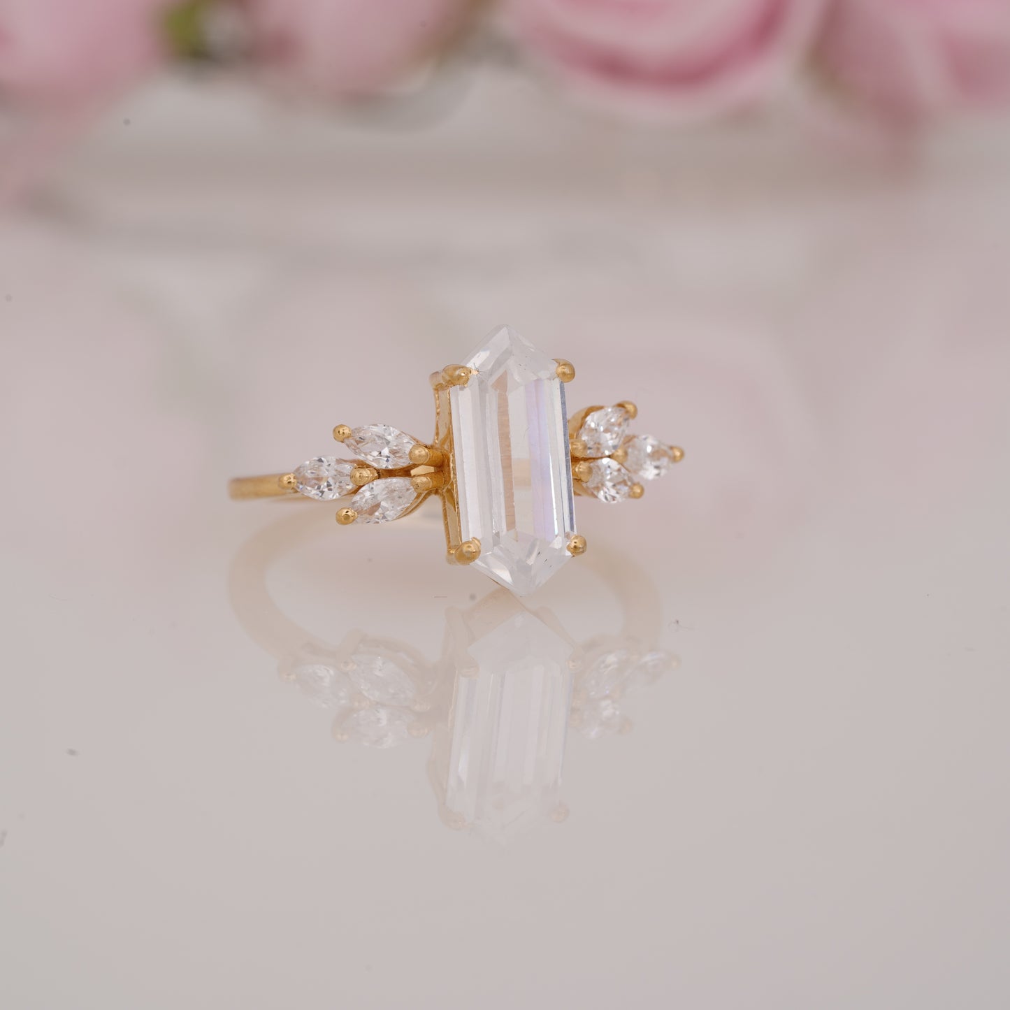 Long Hexagon Cut Moissanite with Side Marquise Engagement Ring