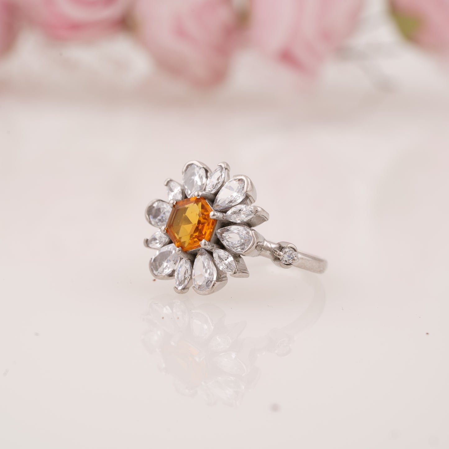Floral-Inspired Hexagon Shaped Citrine Ring with Marquise Side Stones