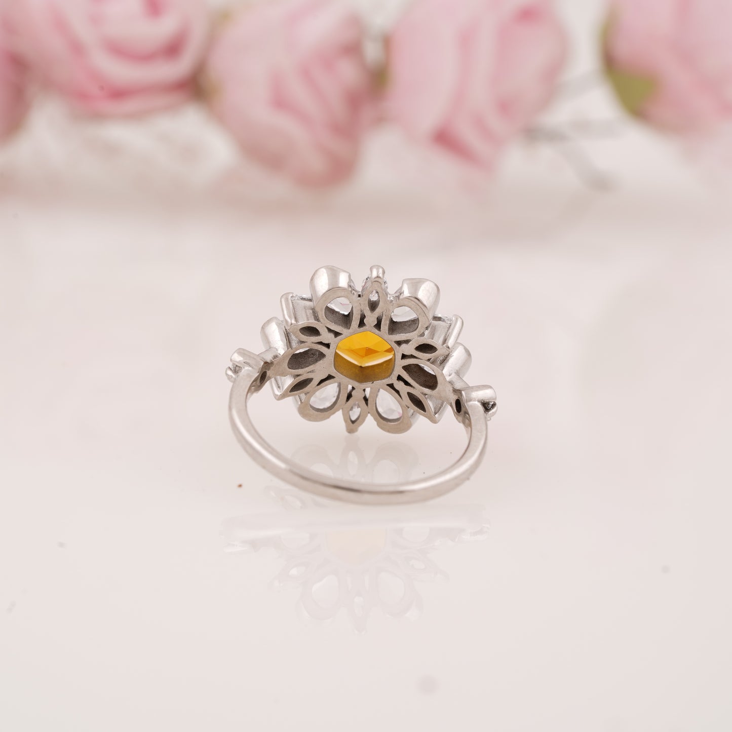 Floral-Inspired Hexagon Shaped Citrine Ring with Marquise Side Stones