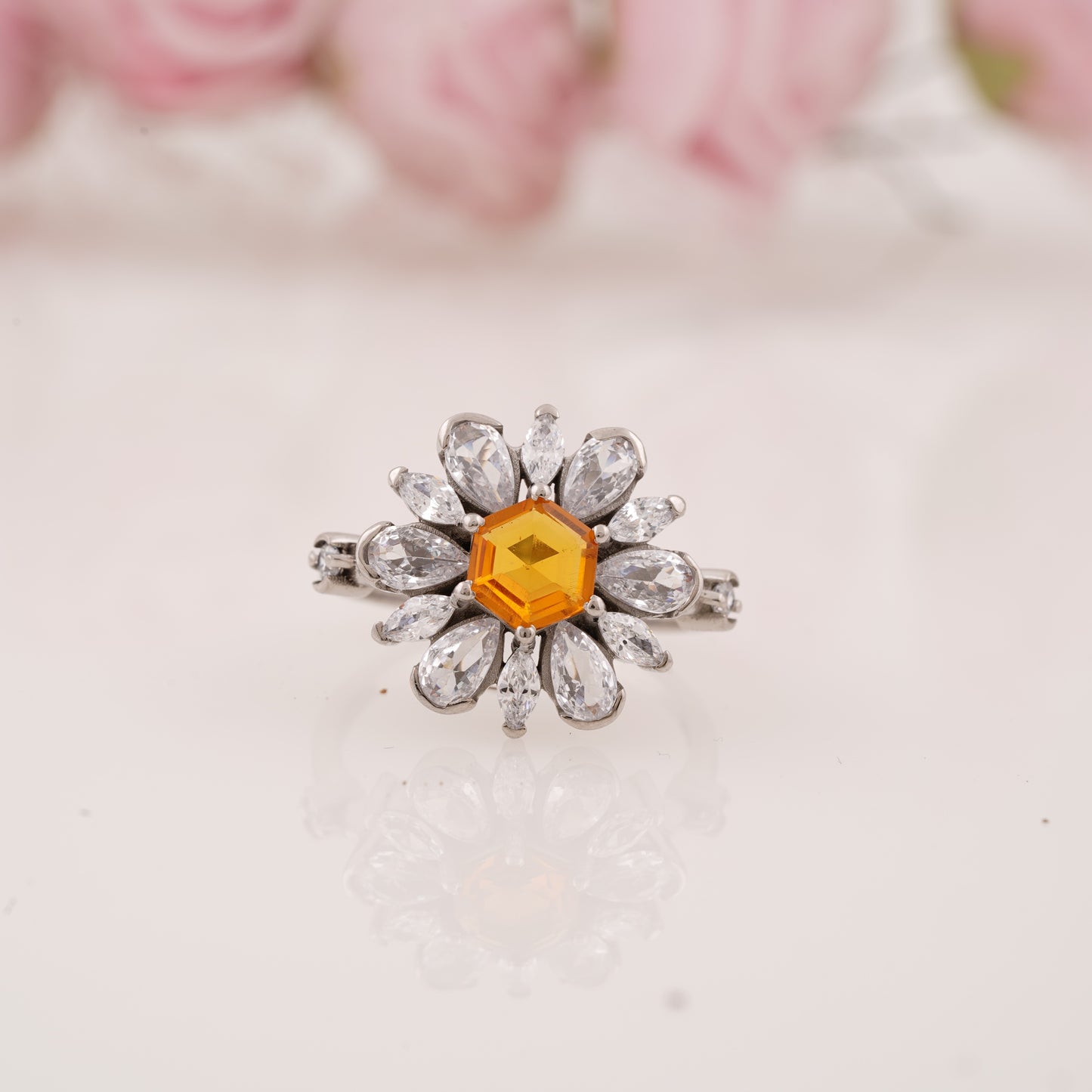 Floral-Inspired Hexagon Shaped Citrine Ring with Marquise Side Stones