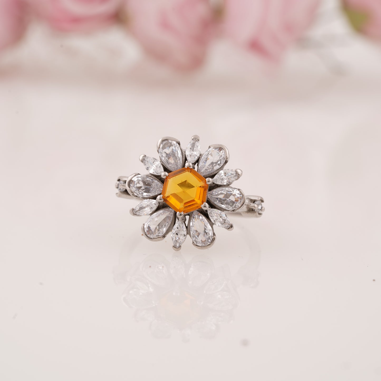 Floral-Inspired Hexagon Shaped Citrine Ring with Marquise Side Stones