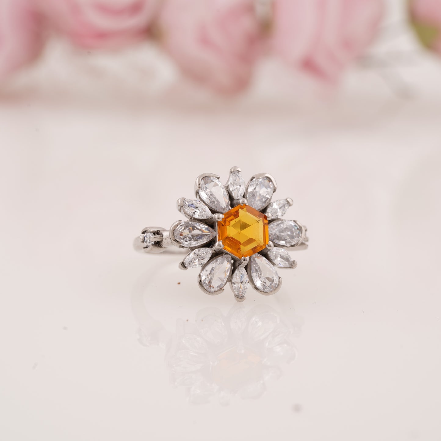 Floral-Inspired Hexagon Shaped Citrine Ring with Marquise Side Stones