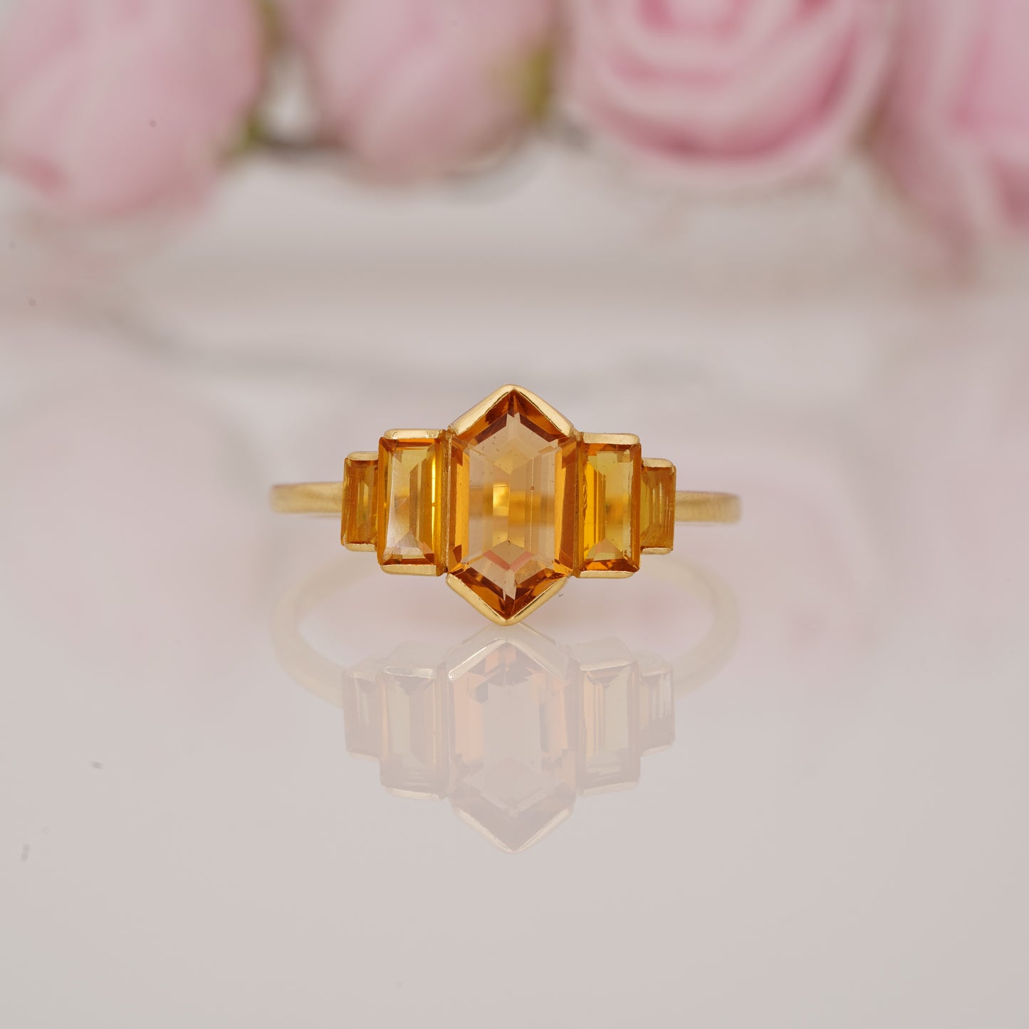 Long Hexagon Cut Citrine and Side Baguette Five Stone Half Bezel Engagement Ring