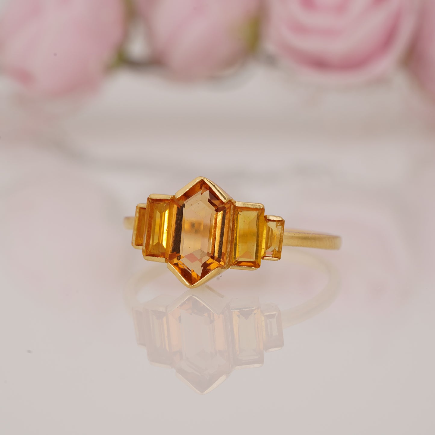 Long Hexagon Cut Citrine and Side Baguette Five Stone Half Bezel Engagement Ring