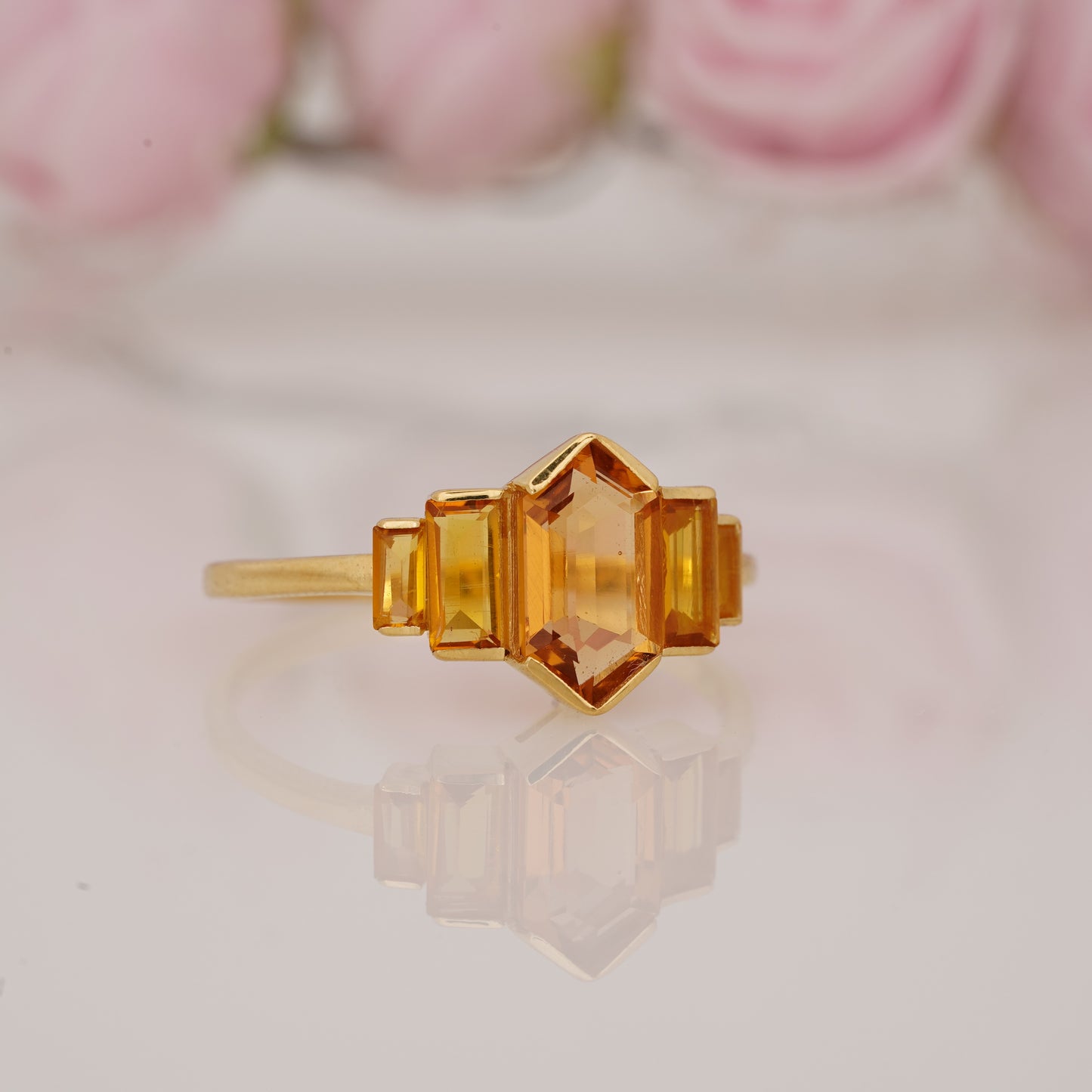 Long Hexagon Cut Citrine and Side Baguette Five Stone Half Bezel Engagement Ring