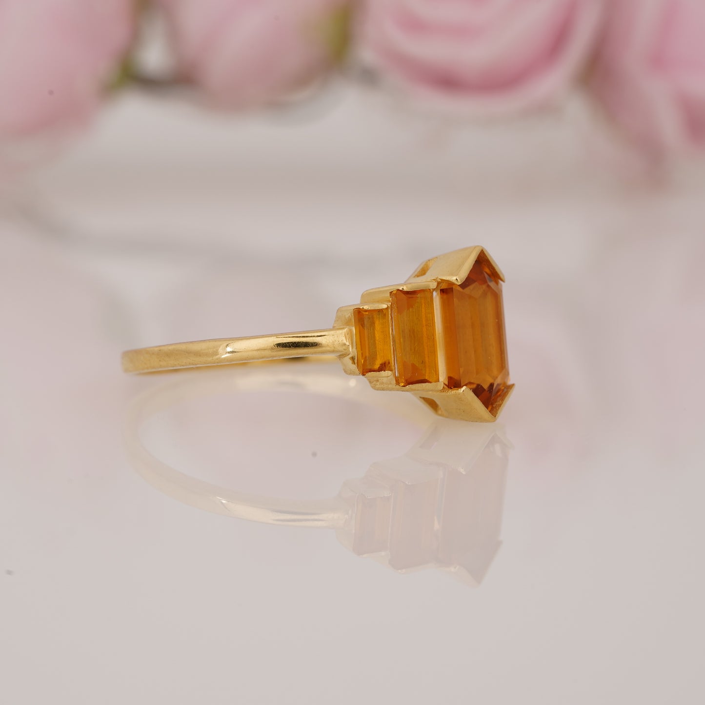 Long Hexagon Cut Citrine and Side Baguette Five Stone Half Bezel Engagement Ring