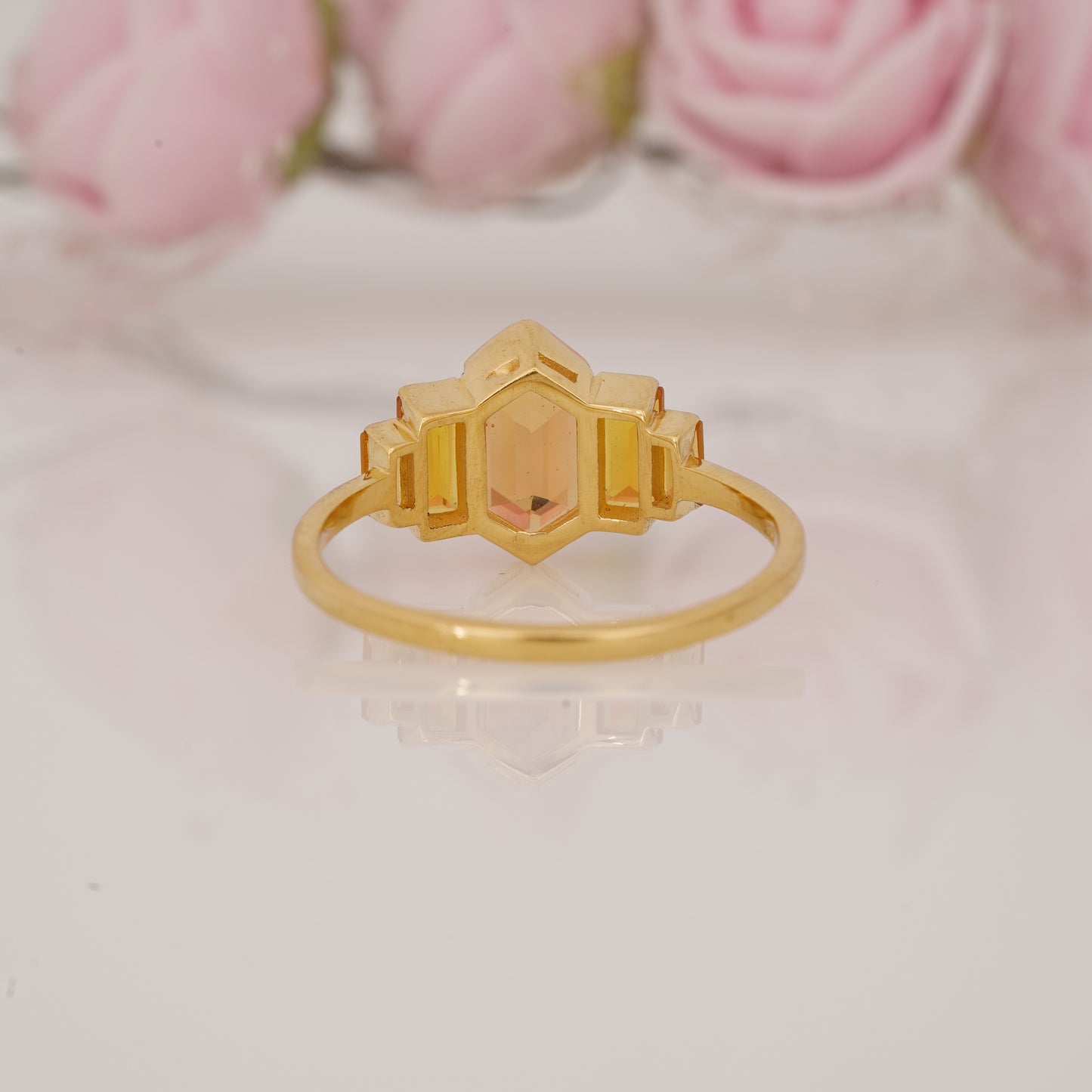 Long Hexagon Cut Citrine and Side Baguette Five Stone Half Bezel Engagement Ring