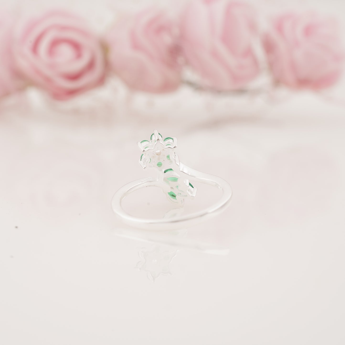 Floral Style Lab Grown Moissanite and Emerald Engagement Ring