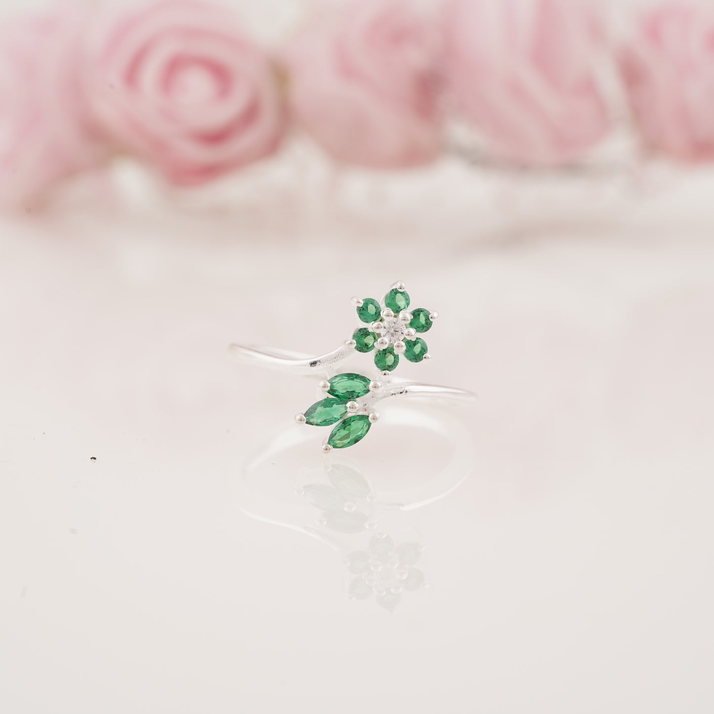 Floral Style Lab Grown Moissanite and Emerald Engagement Ring