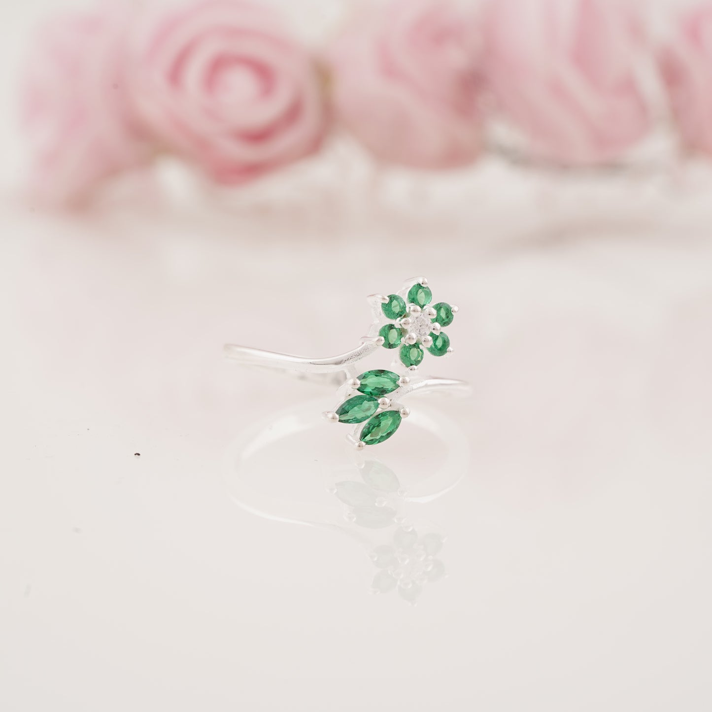 Floral Style Lab Grown Moissanite and Emerald Engagement Ring