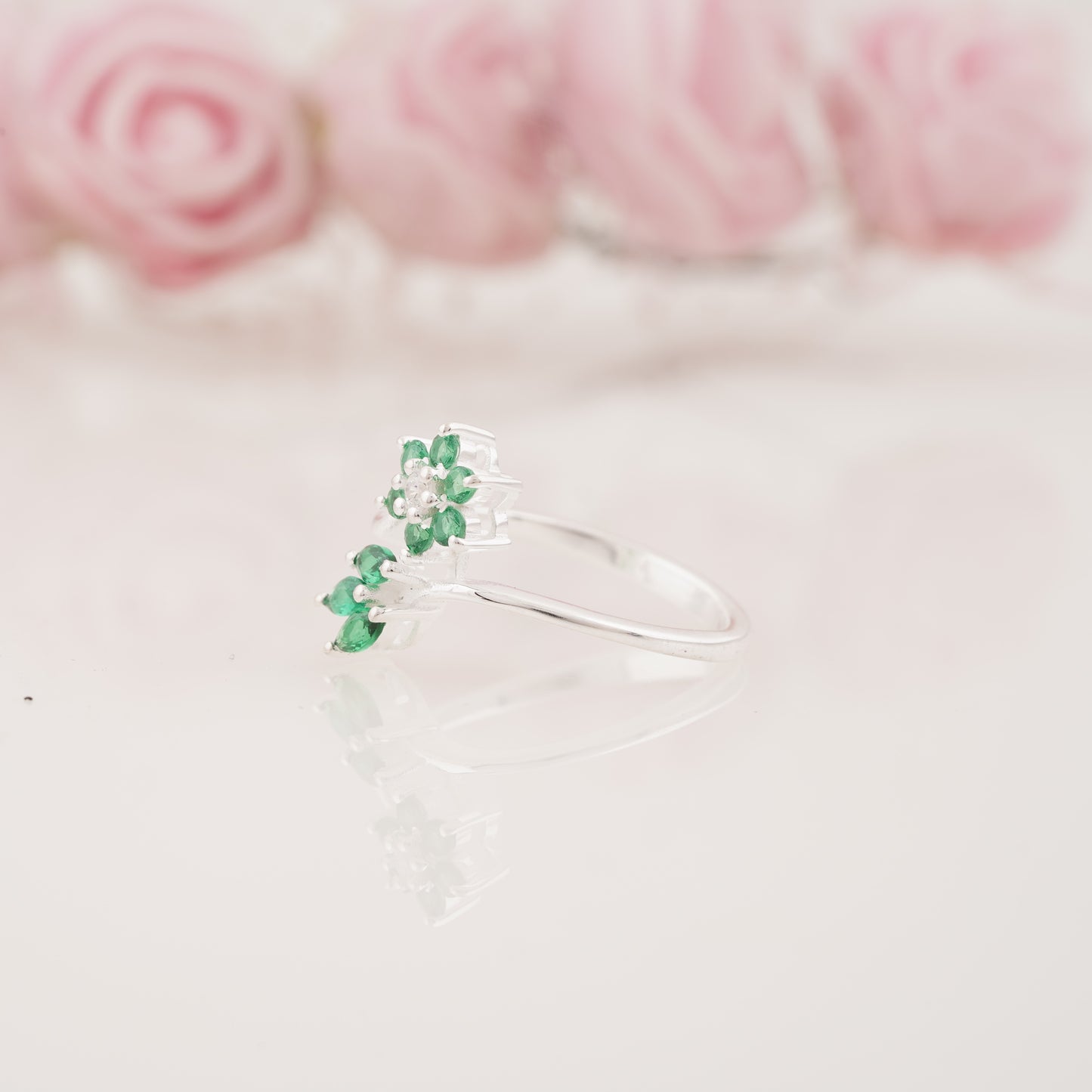 Floral Style Lab Grown Moissanite and Emerald Engagement Ring