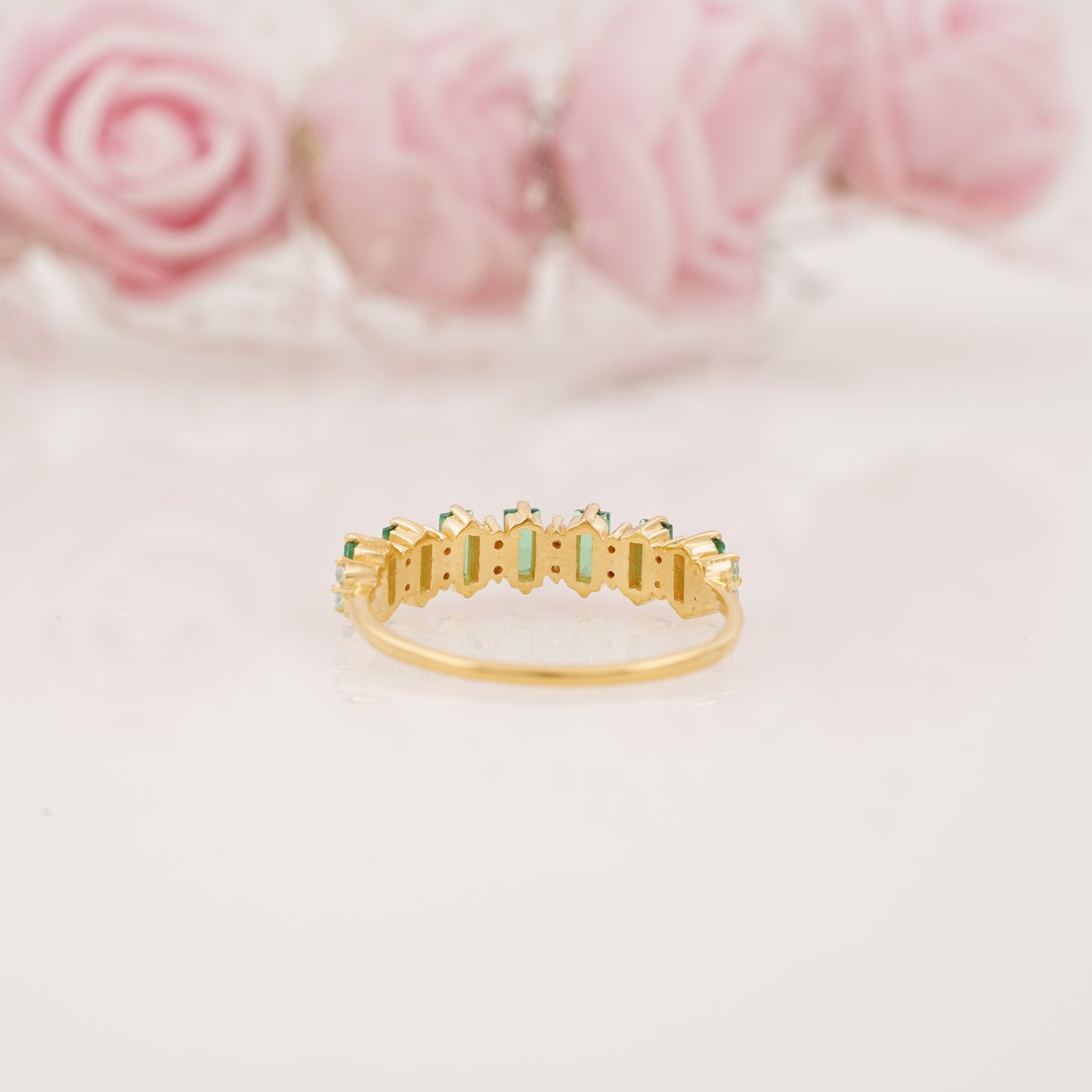 Baguette Cut Emerald and Round Moissanite Half Eternity Wedding Band
