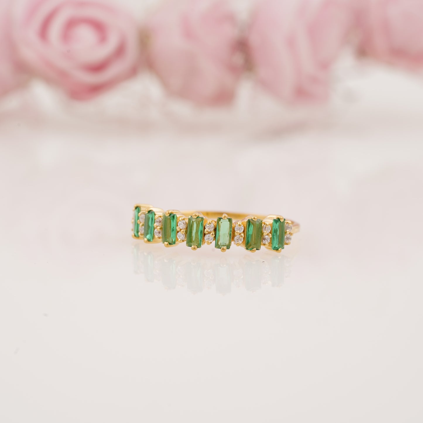 Baguette Cut Emerald and Round Moissanite Half Eternity Wedding Band