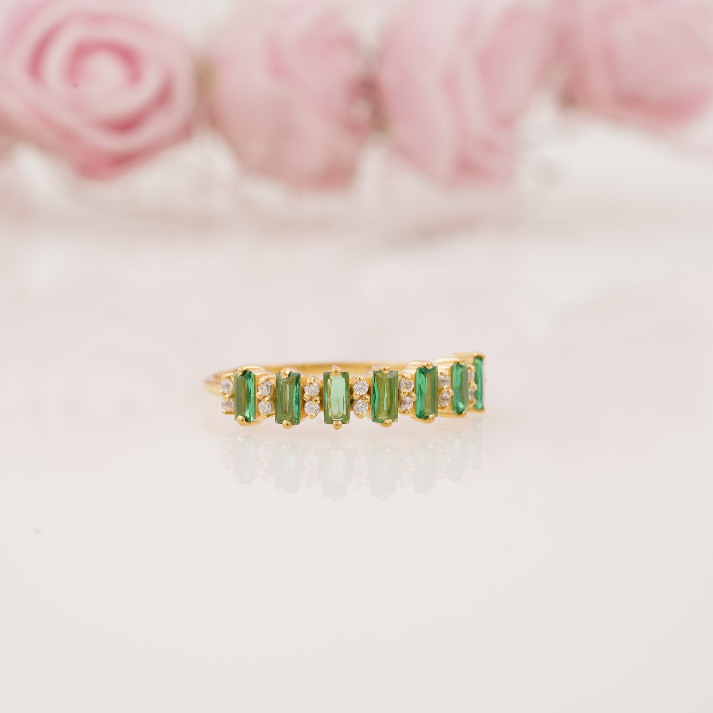 Baguette Cut Emerald and Round Moissanite Half Eternity Wedding Band
