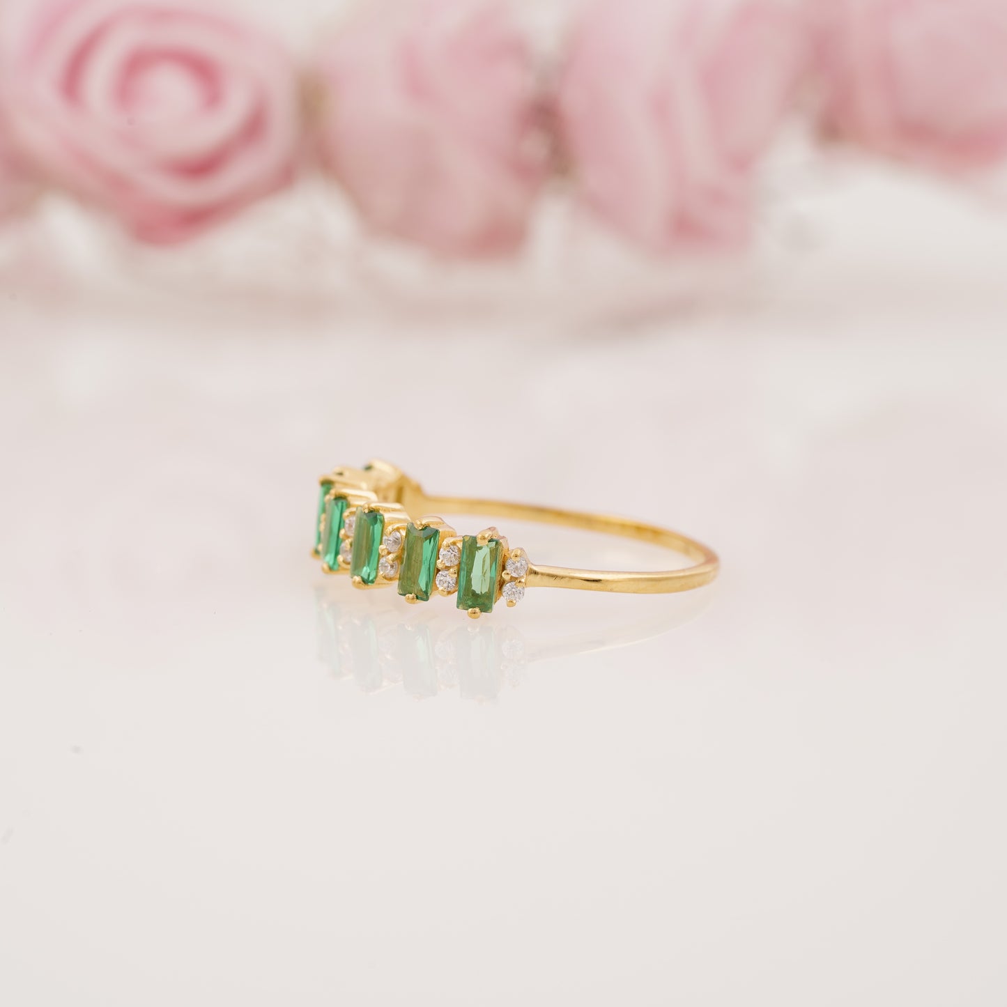 Baguette Cut Emerald and Round Moissanite Half Eternity Wedding Band