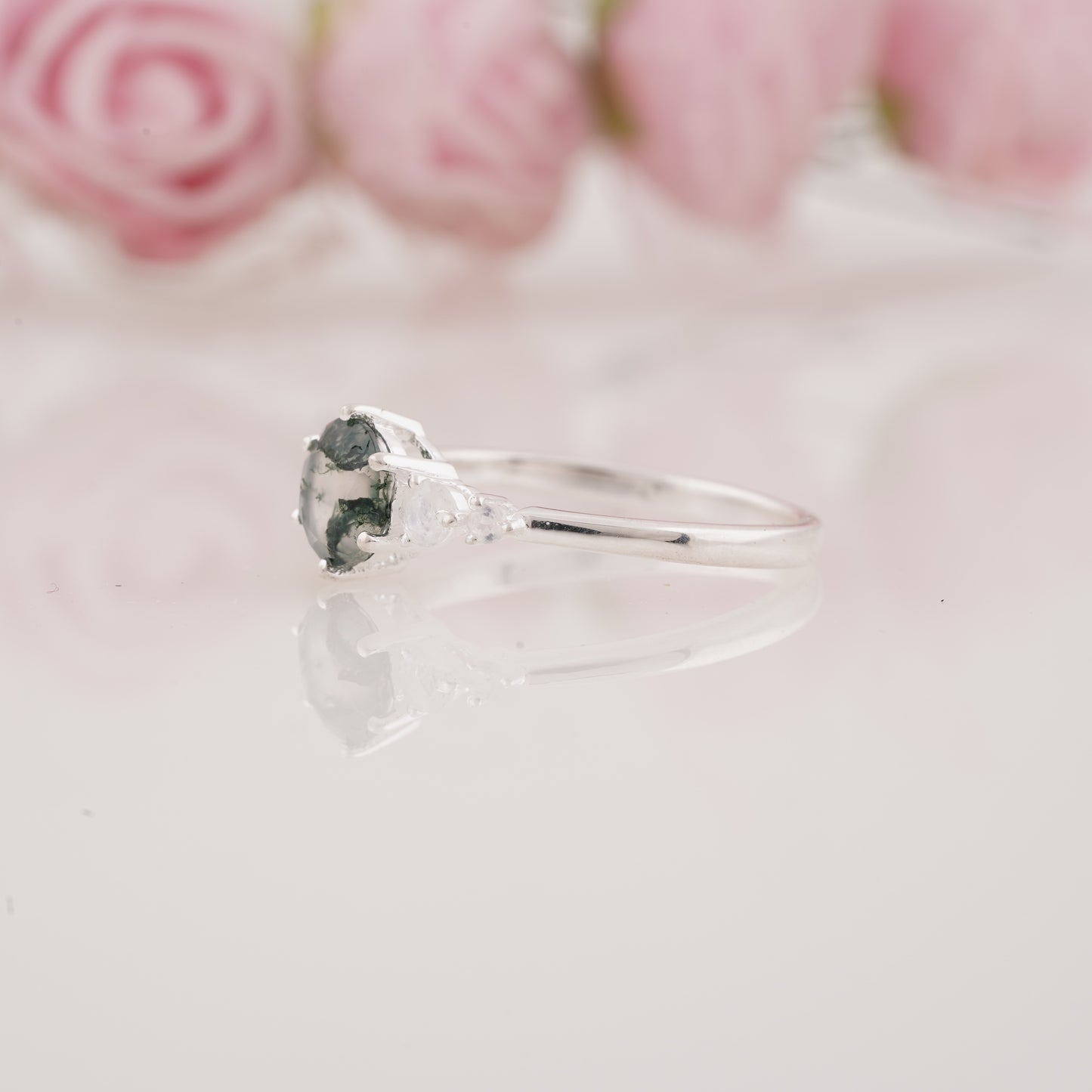 Round Shape Moss Agate and Side Moissanite Engagement Ring