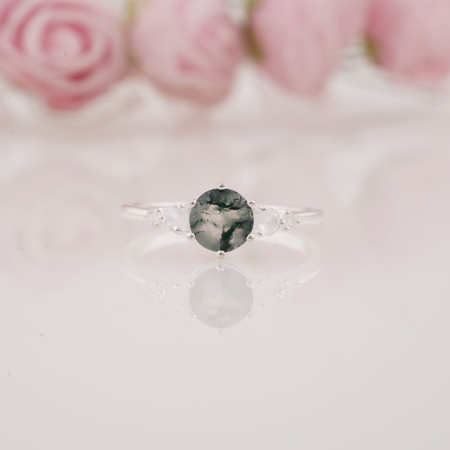 Round Shape Moss Agate and Side Moissanite Engagement Ring