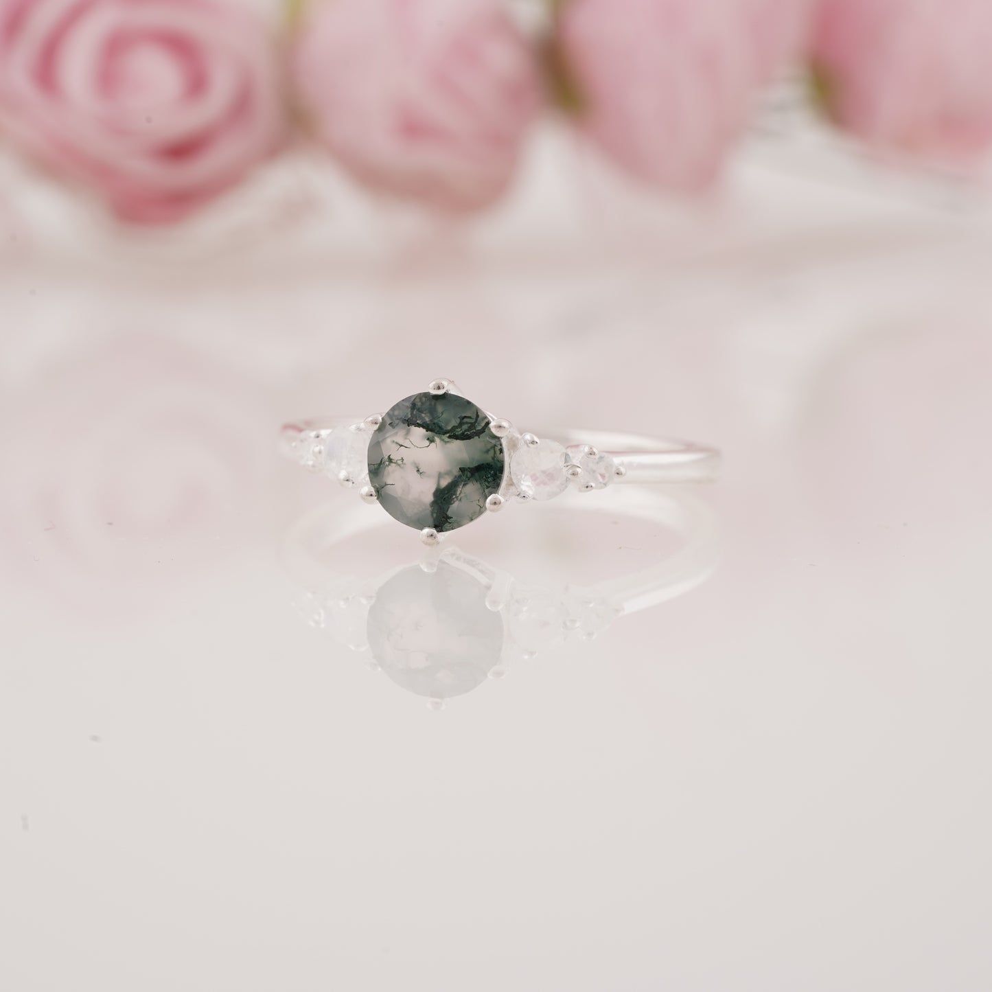 Round Shape Moss Agate and Side Moissanite Engagement Ring