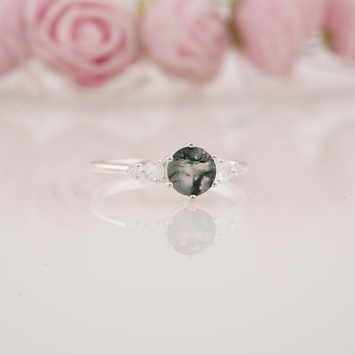 Round Shape Moss Agate and Side Moissanite Engagement Ring