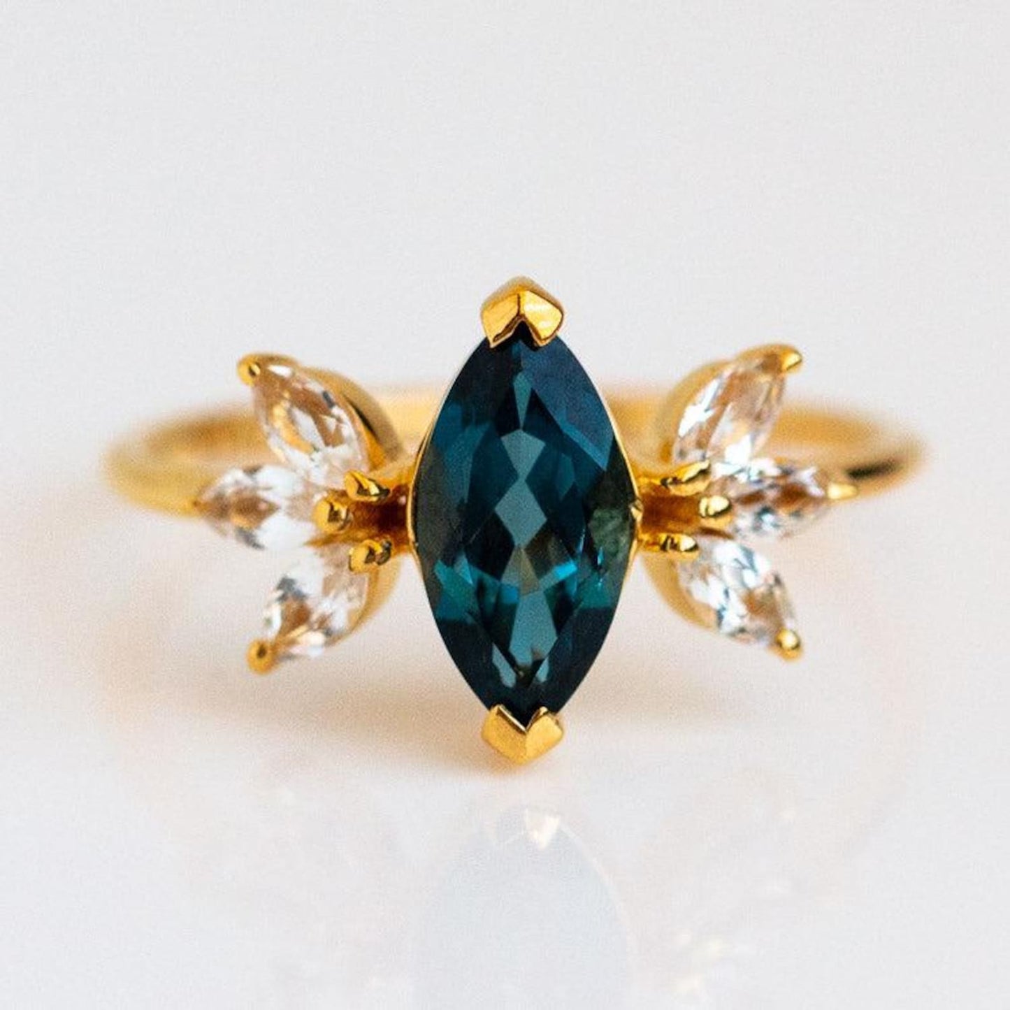 Marquise Cut Lab Grown Topaz and Side Moissanite Engagement Ring