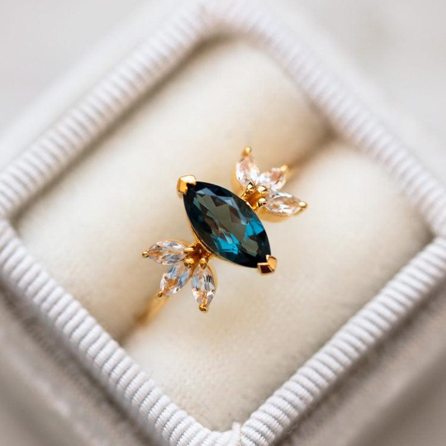 Marquise Cut Lab Grown Topaz and Side Moissanite Engagement Ring
