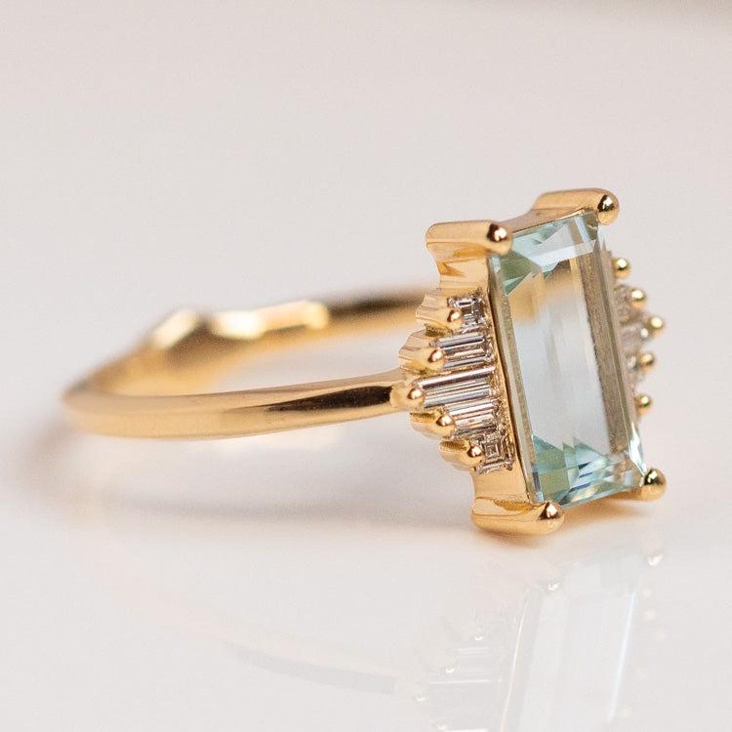 Elegant Art Deco Emerald Cut Aquamarine and Moissanite Engagement Ring