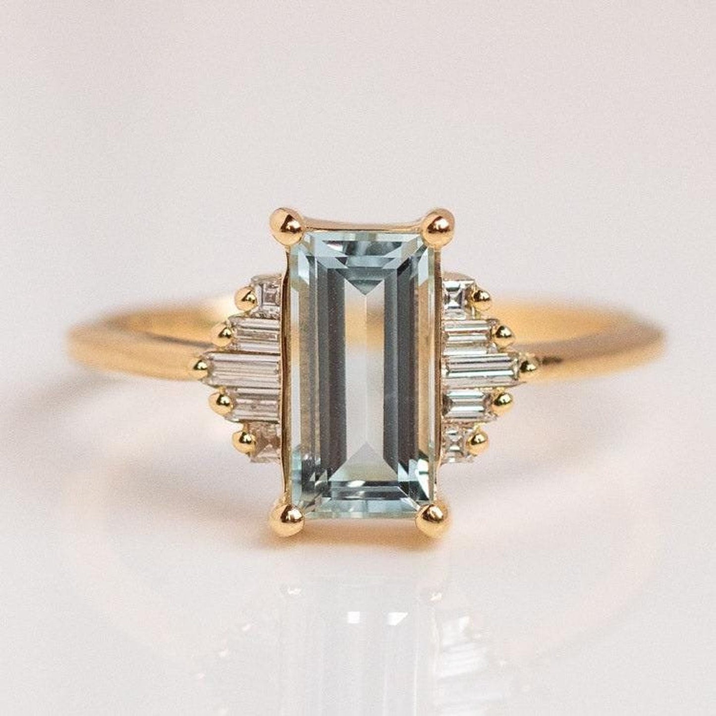 Elegant Art Deco Emerald Cut Aquamarine and Moissanite Engagement Ring