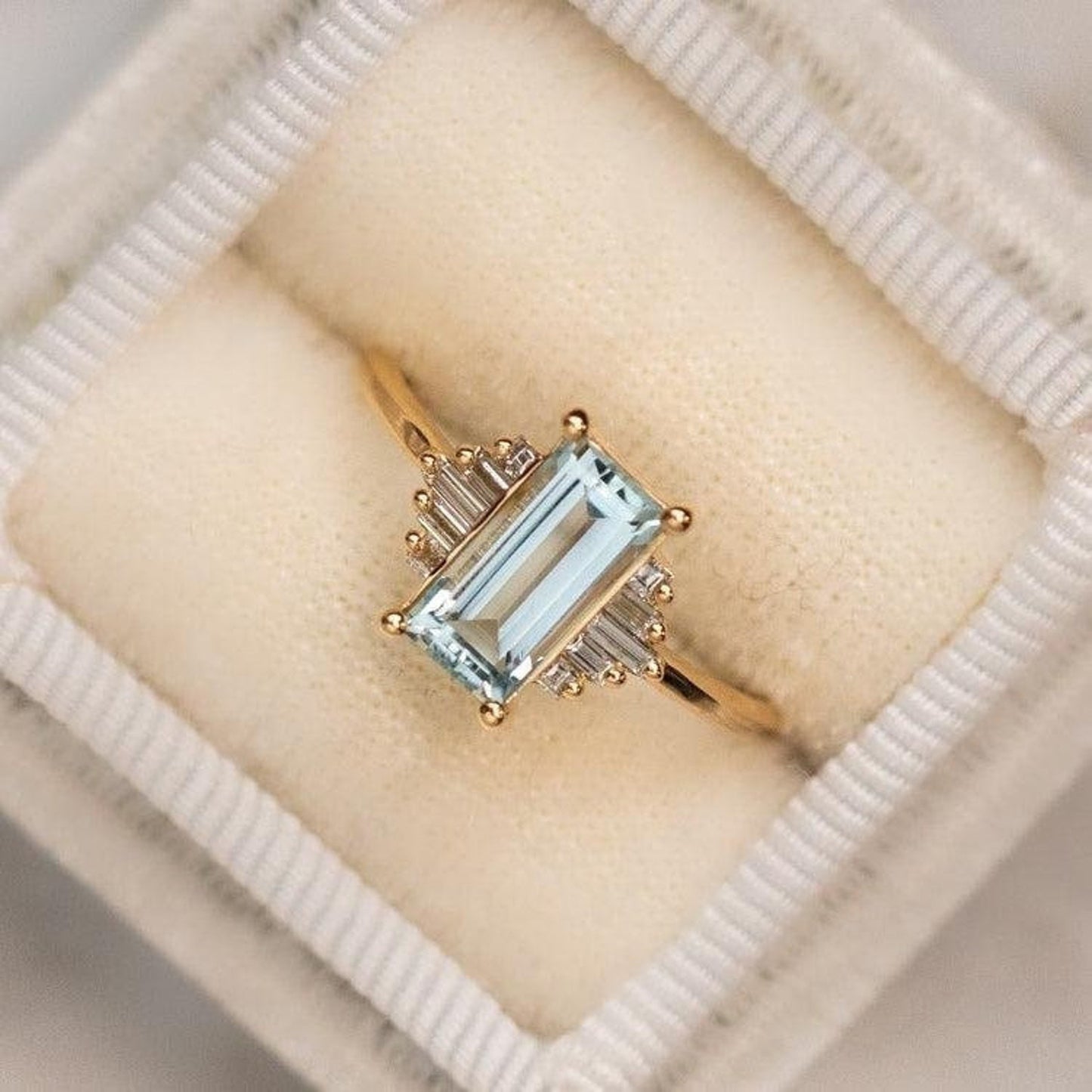 Elegant Art Deco Emerald Cut Aquamarine and Moissanite Engagement Ring
