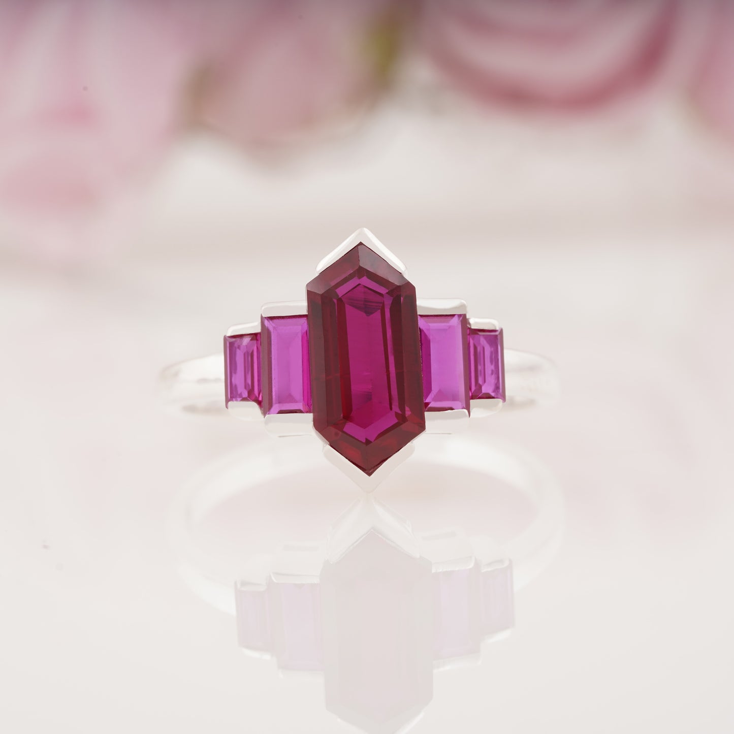 Hexagon Cut Ruby and Side Baguette Five Stone Engagement Ring