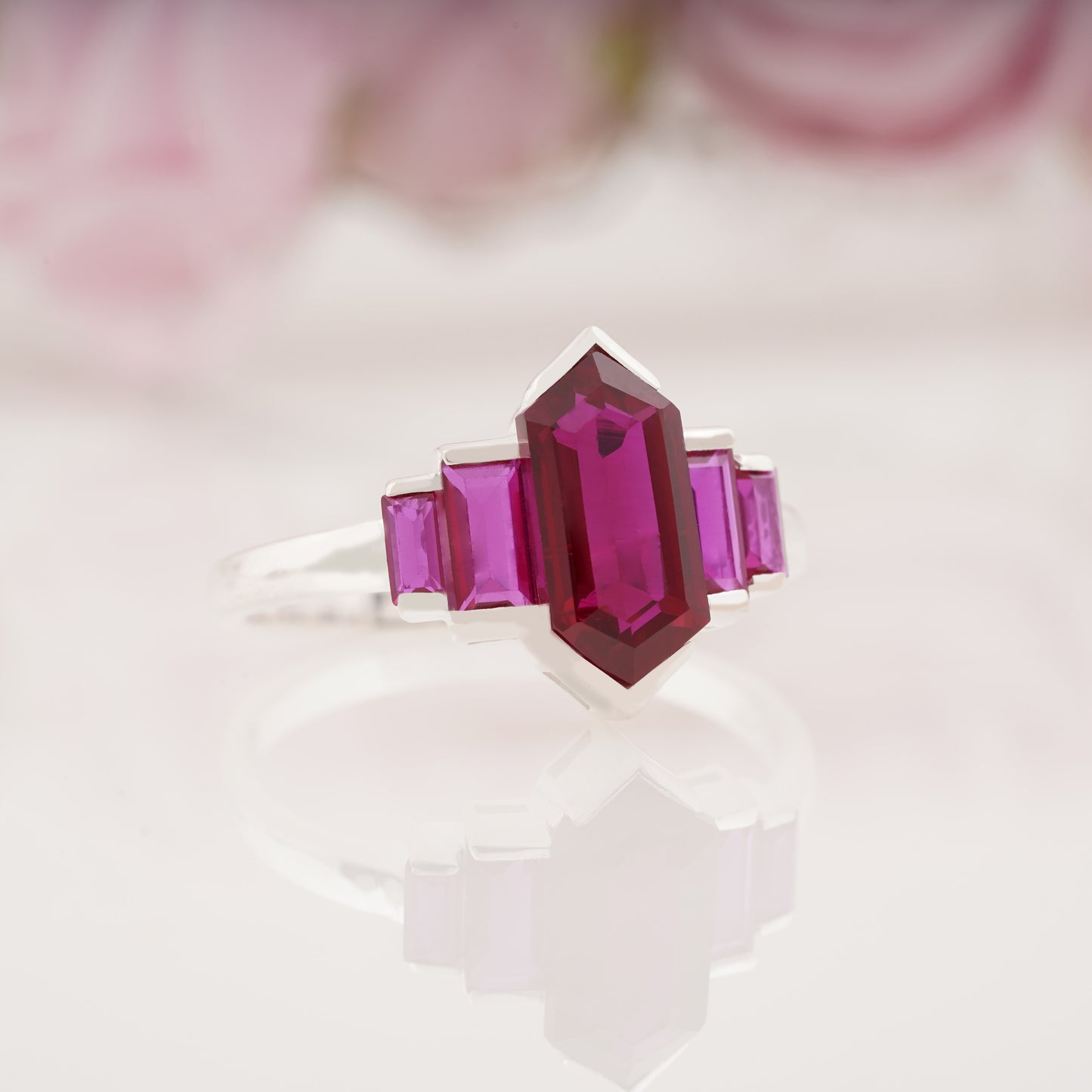 Hexagon Cut Ruby and Side Baguette Five Stone Engagement Ring
