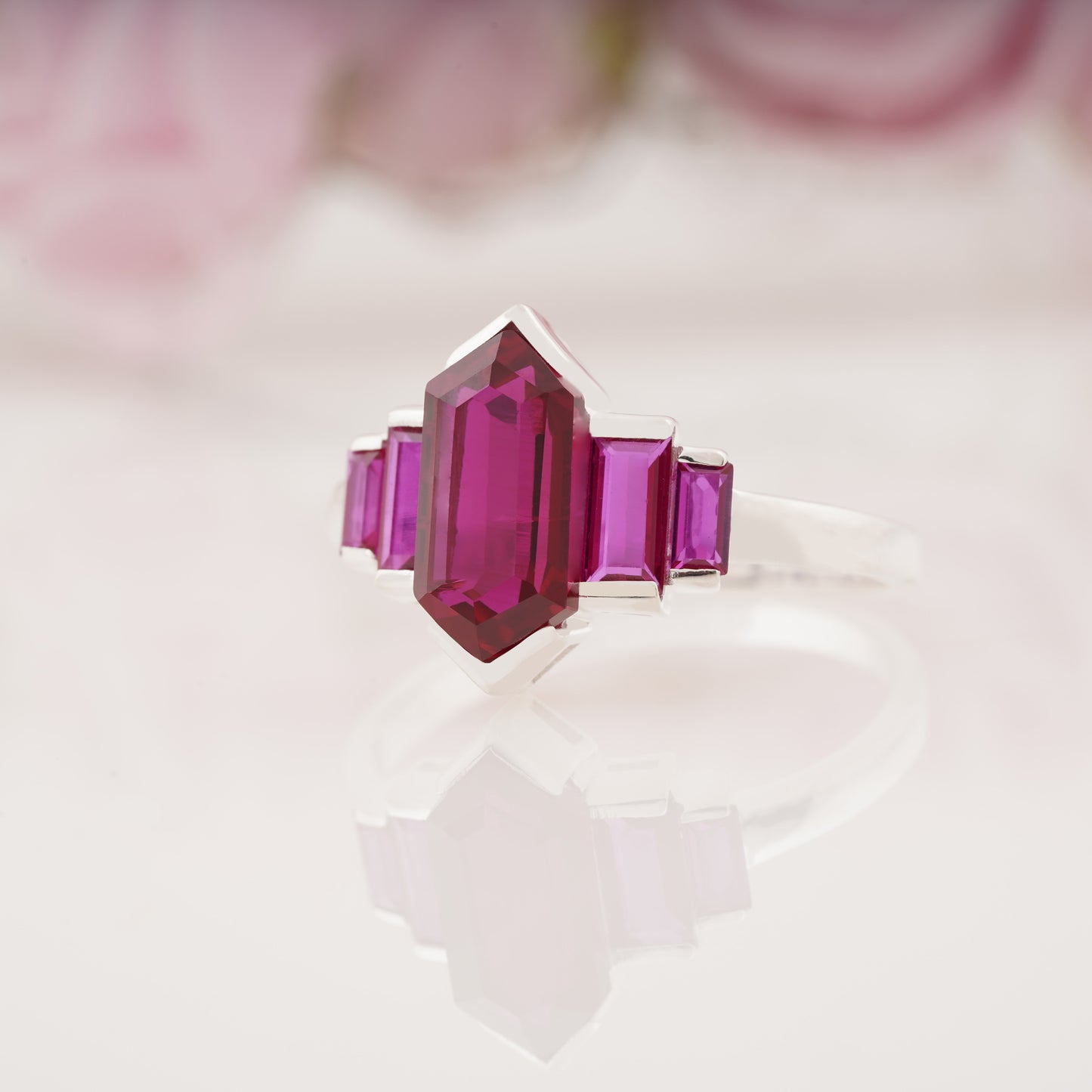 Hexagon Cut Ruby and Side Baguette Five Stone Engagement Ring