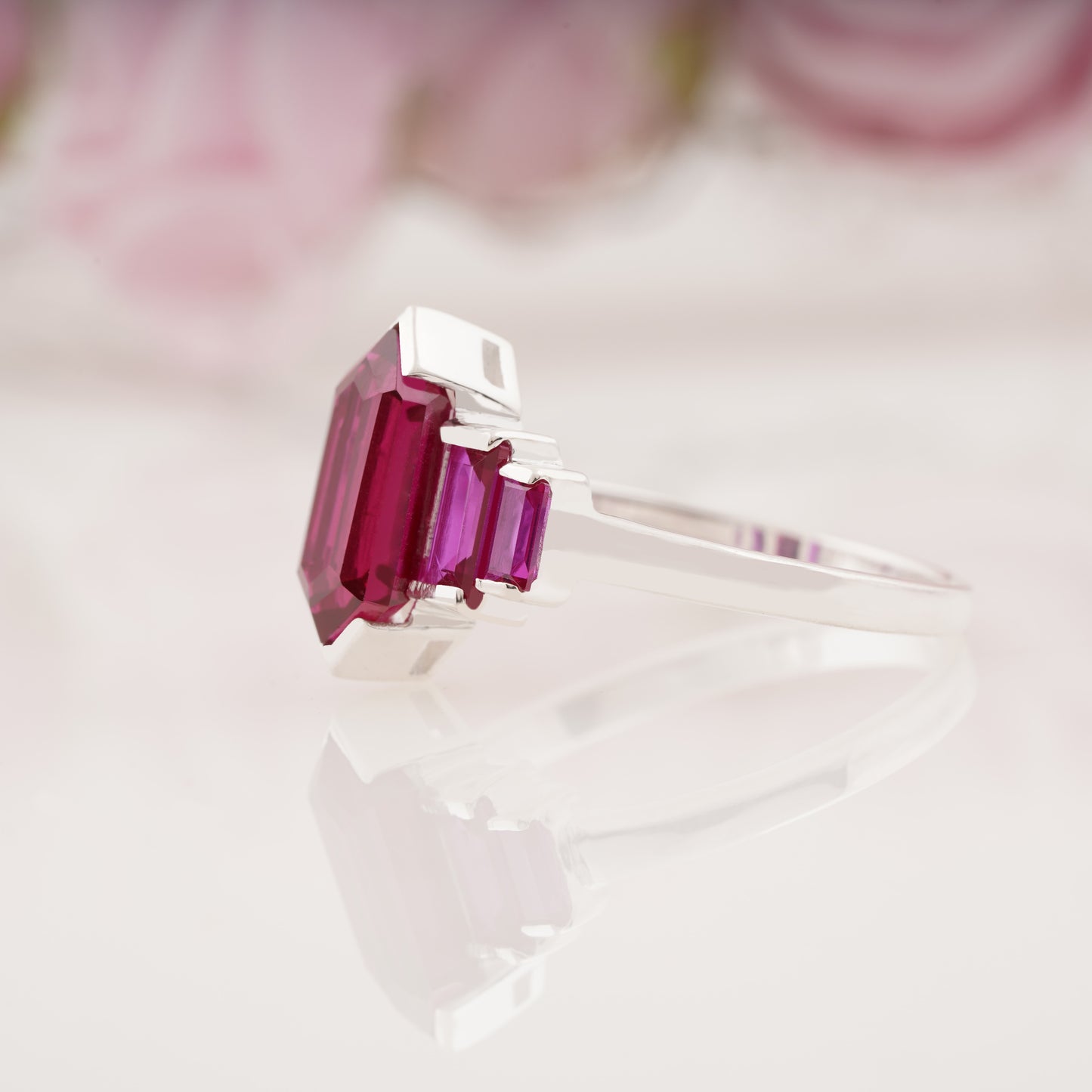 Hexagon Cut Ruby and Side Baguette Five Stone Engagement Ring
