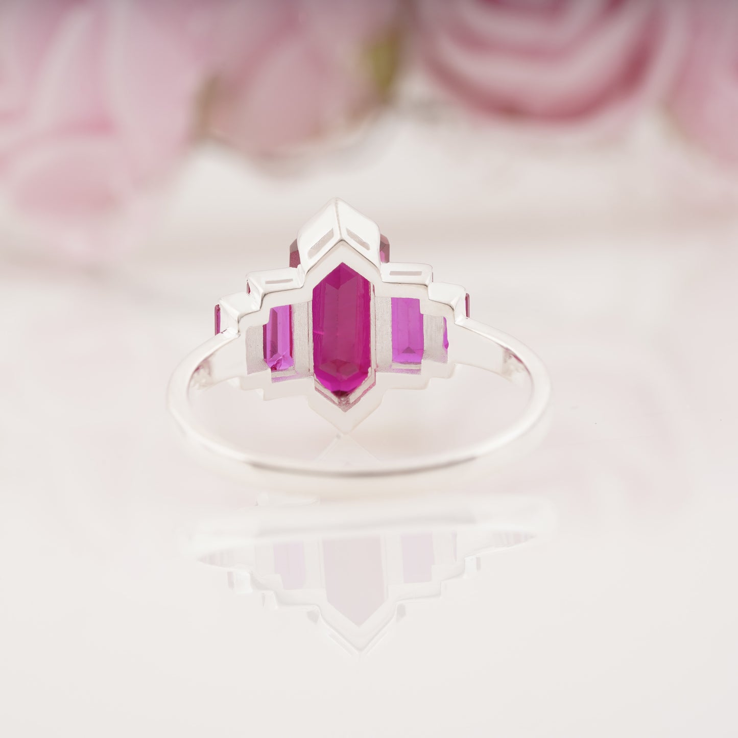 Hexagon Cut Ruby and Side Baguette Five Stone Engagement Ring