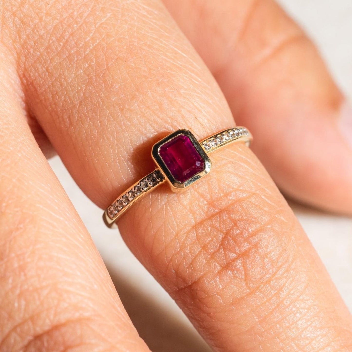 Emerald Cut Ruby and Side Moissanite Engagement Ring