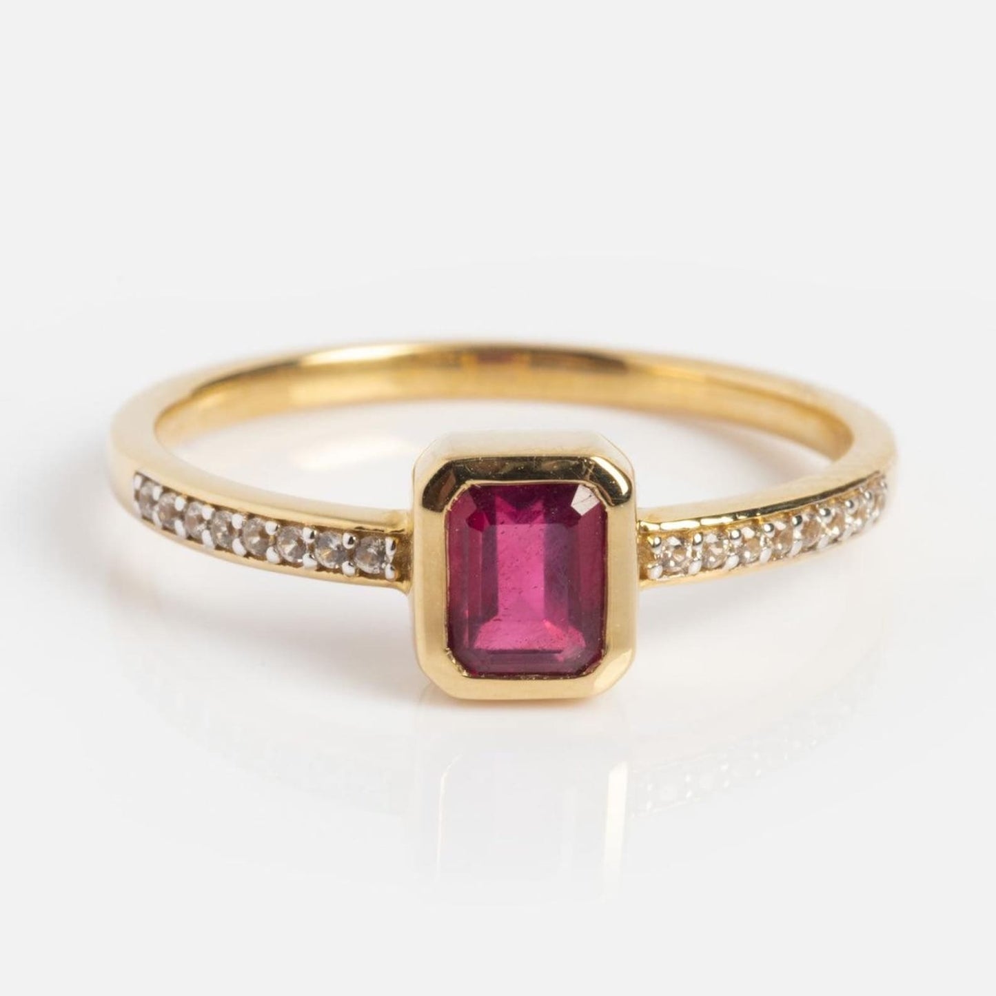 Emerald Cut Ruby and Side Moissanite Engagement Ring