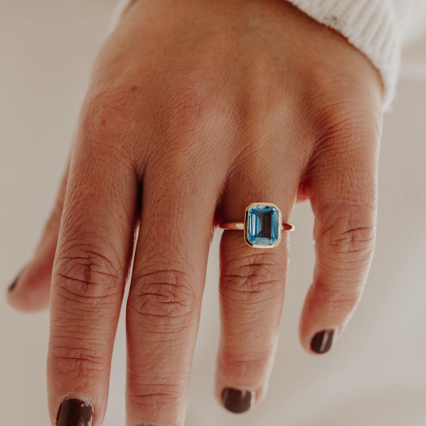 Lab-Grown Emerald-Cut Swiss Blue Topaz Solitaire Ring