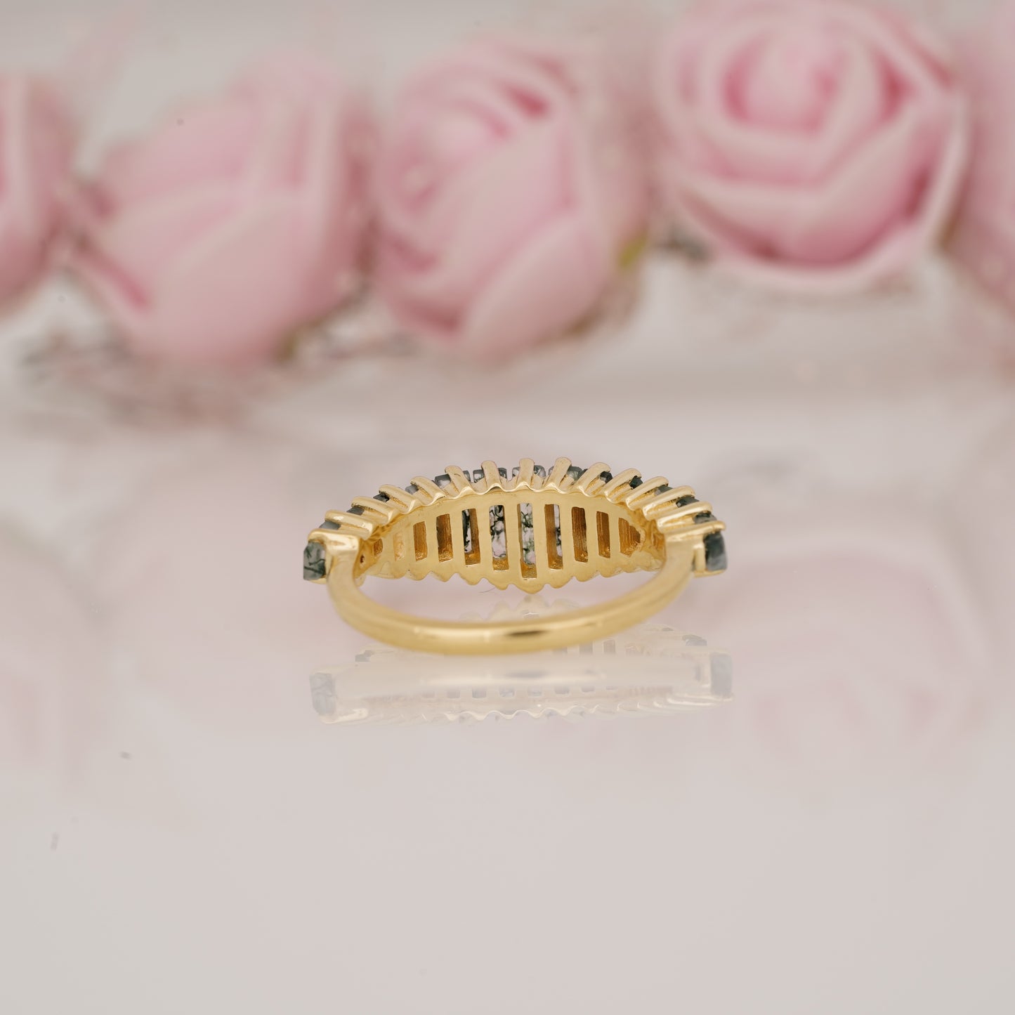Lab-Grown Moss Agate Graduated Baguette Half Eternity Wedding Band