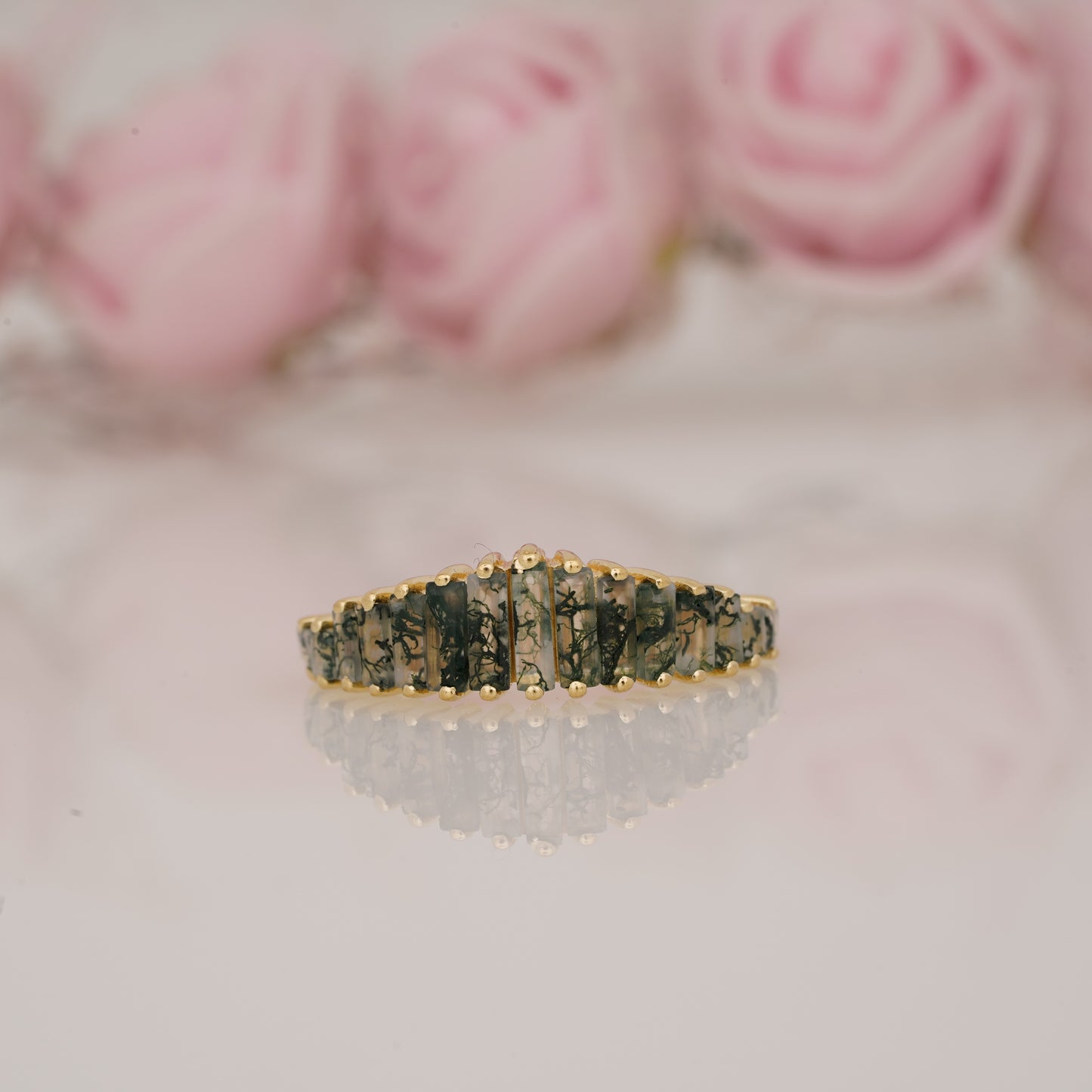 Lab-Grown Moss Agate Graduated Baguette Half Eternity Wedding Band