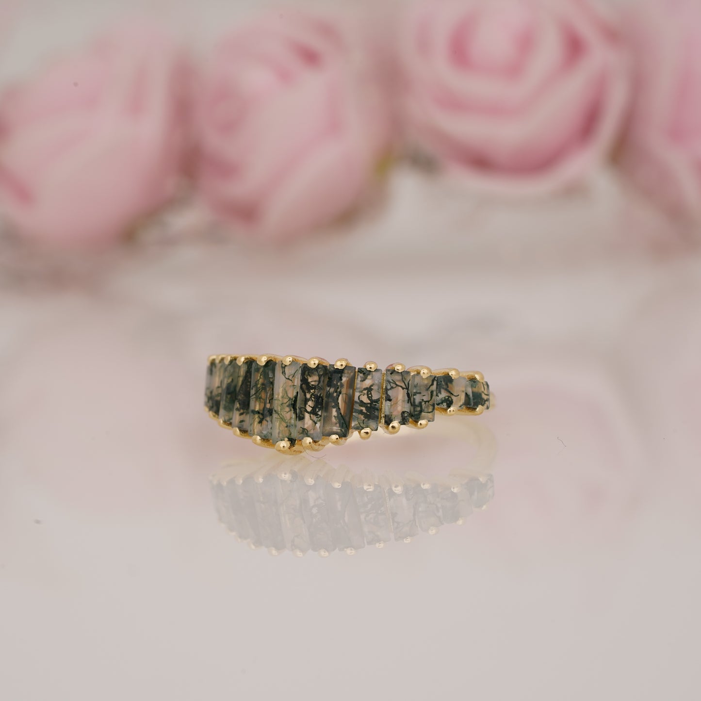 Lab-Grown Moss Agate Graduated Baguette Half Eternity Wedding Band