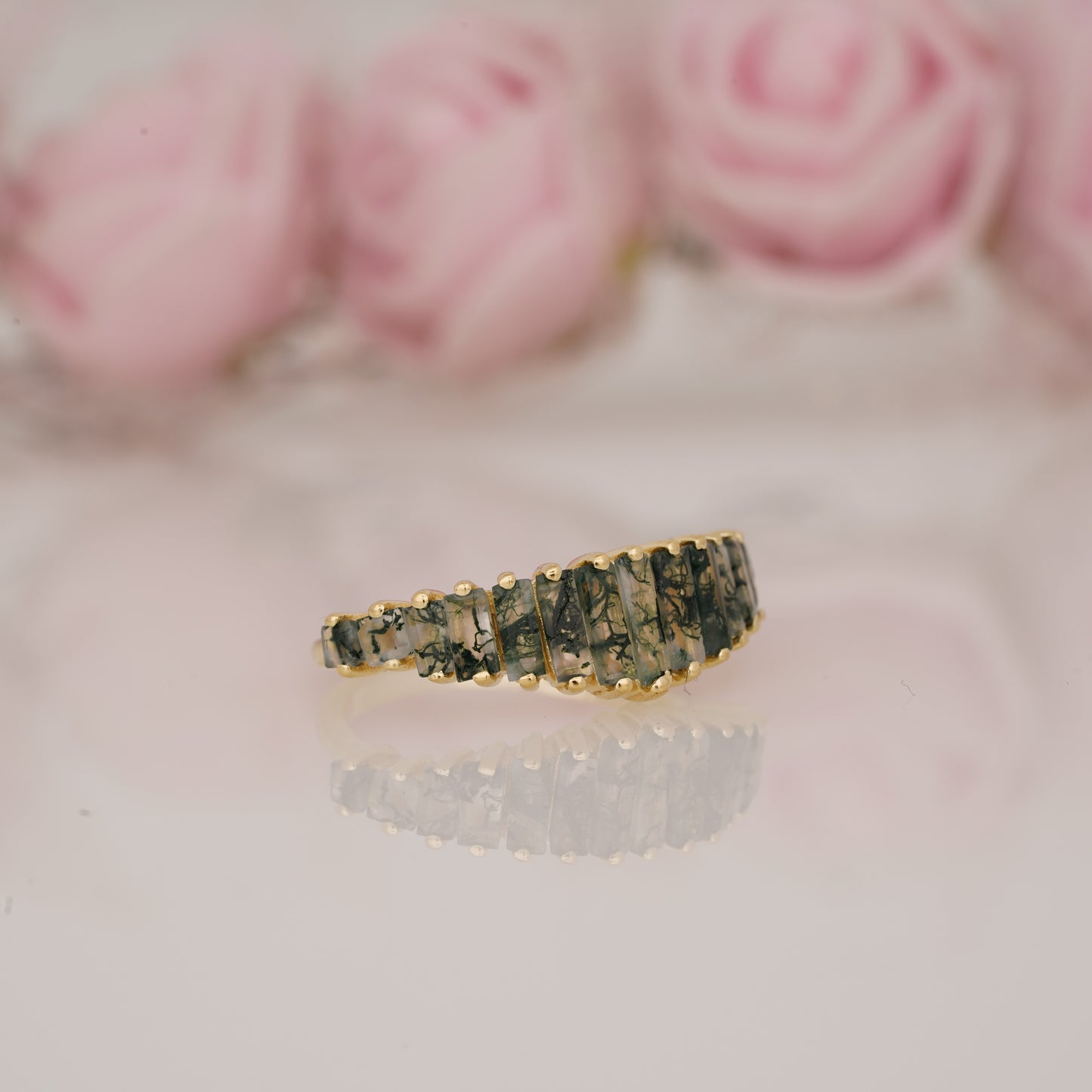 Lab-Grown Moss Agate Graduated Baguette Half Eternity Wedding Band