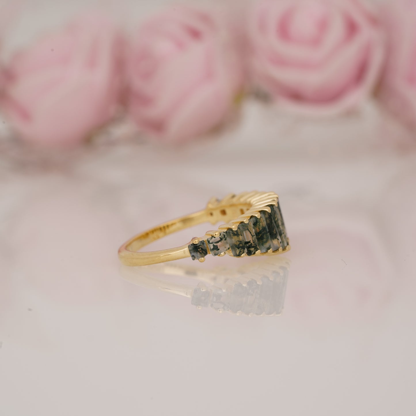 Lab-Grown Moss Agate Graduated Baguette Half Eternity Wedding Band